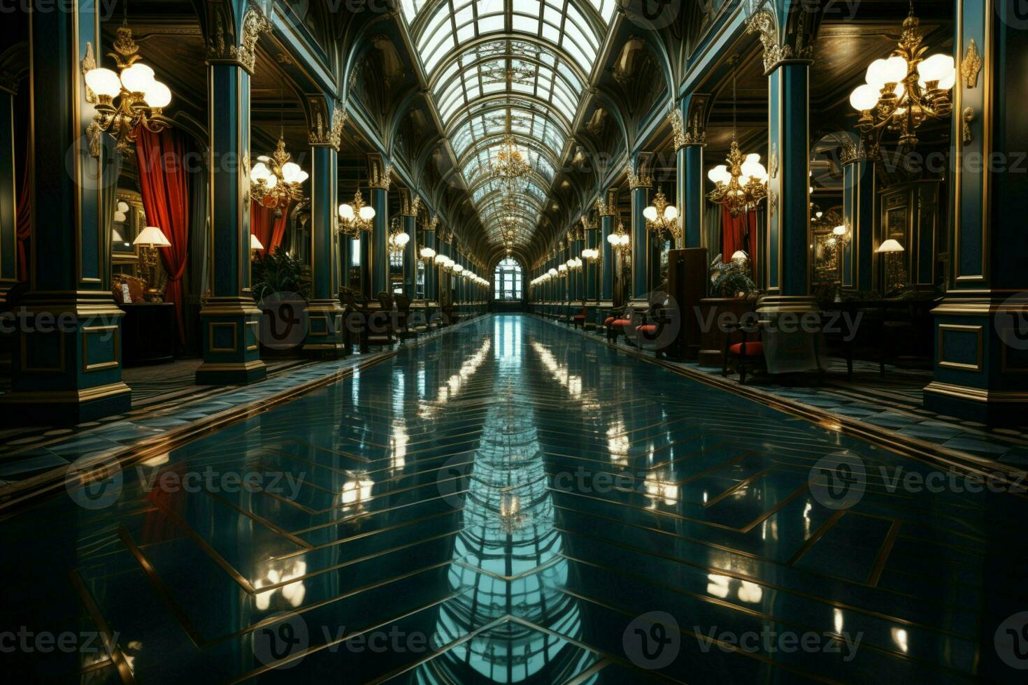 Reflective-floored hallway adds dimension, mirroring surroundings with a contemporary allure AI Generated photo