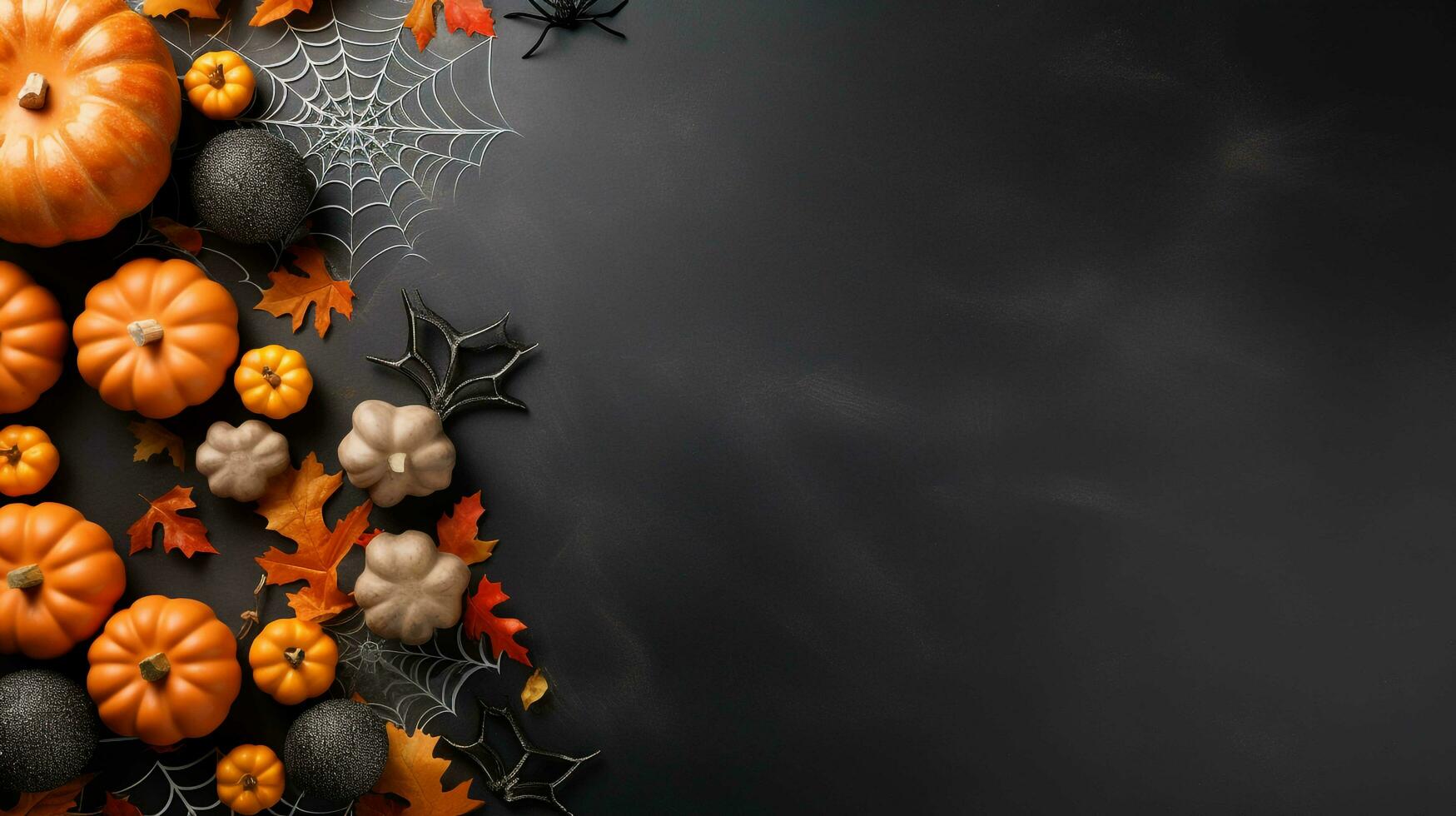 A festive and cheerful Halloween flat lay mockup is meticulously arranged on a sleek black background autumn holiday, AI generated photo