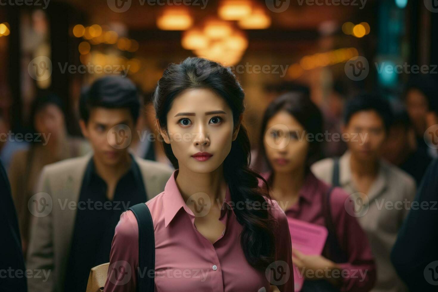 Asian woman with friends leaving dark workplace after late sales project photo