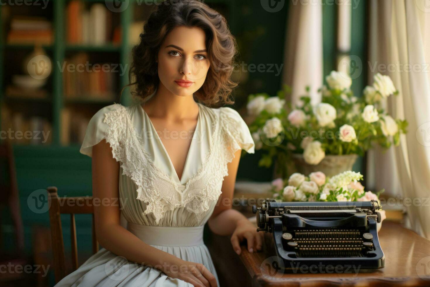 Elegant woman types captivating story on vintage typewriter gracefully photo