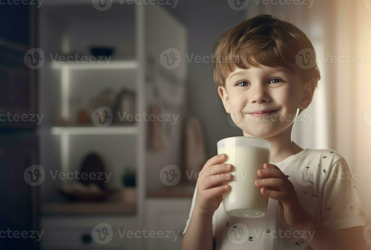 Boy drink milk glass holding. Generate Ai photo