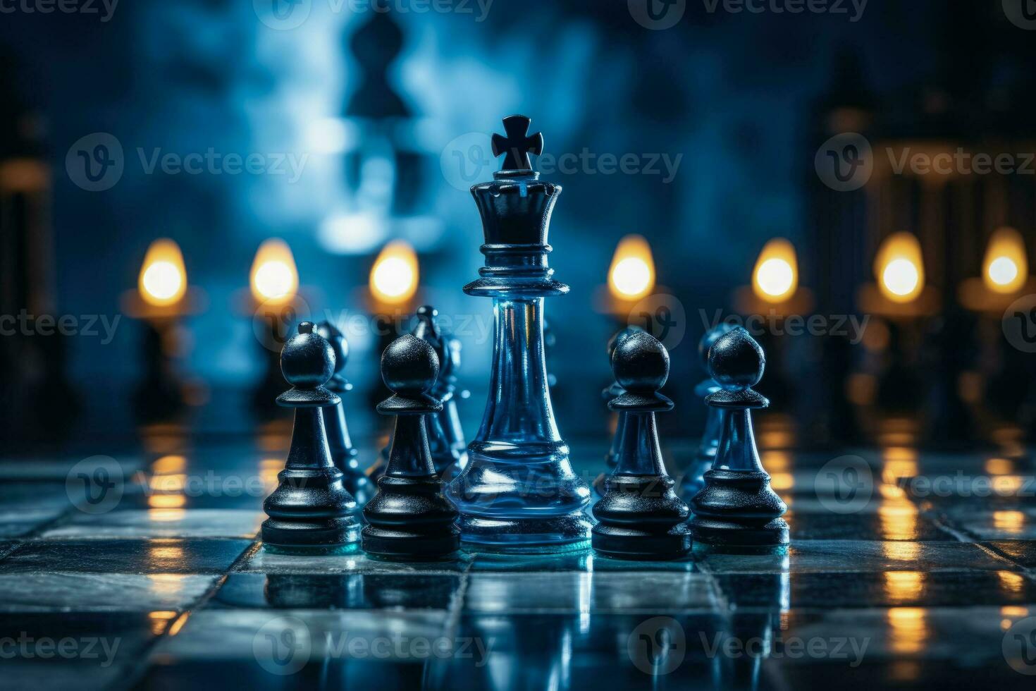 Chess pieces Queen rook on a chessboard symbolize teamwork leadership partnership business strategy and decision making illuminated by cinematic lighting photo