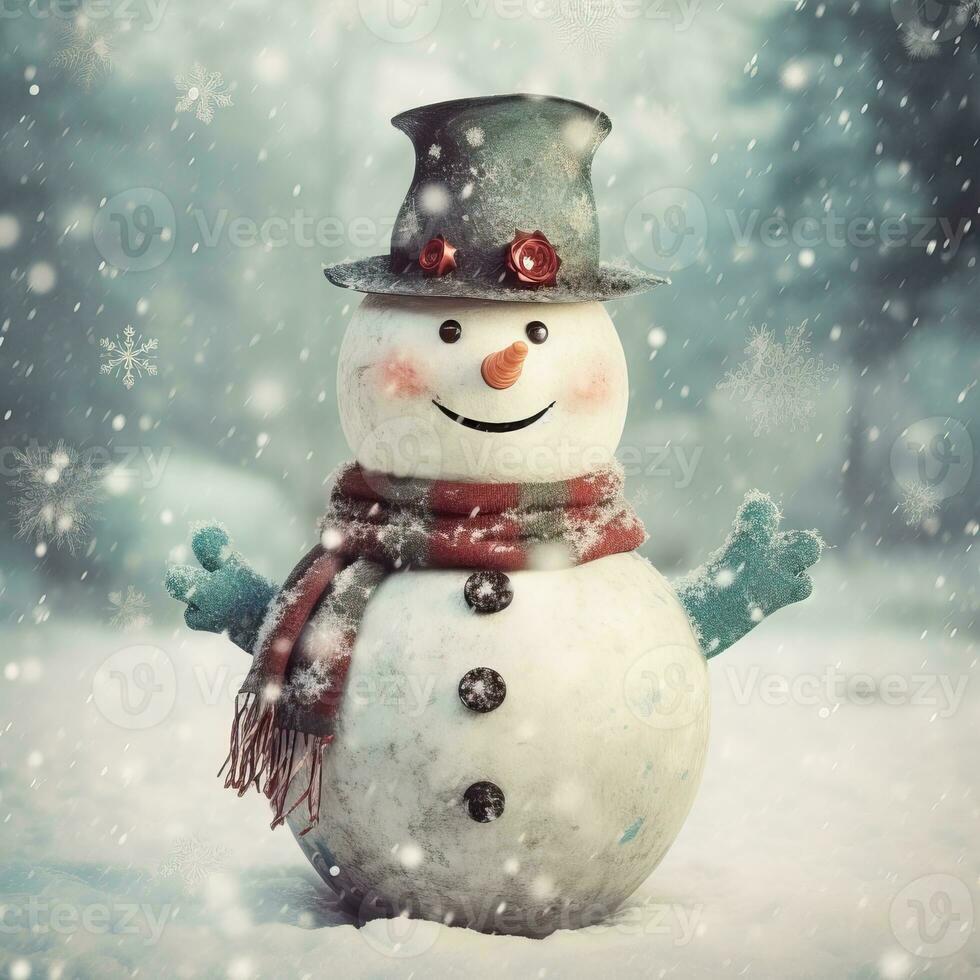 Snowman in the Christmas holiday time, Snowman retro style high quality ai generated image photo
