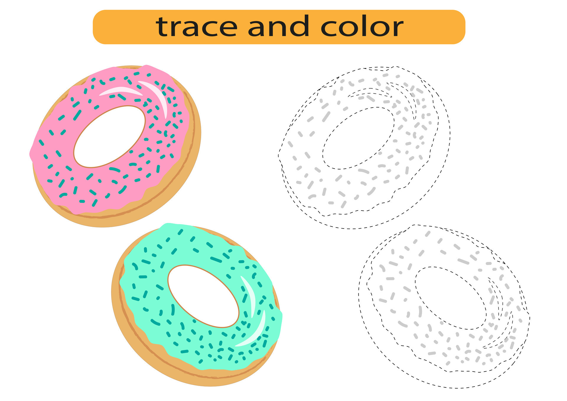 Tracing lines for children development, bright donut baking
