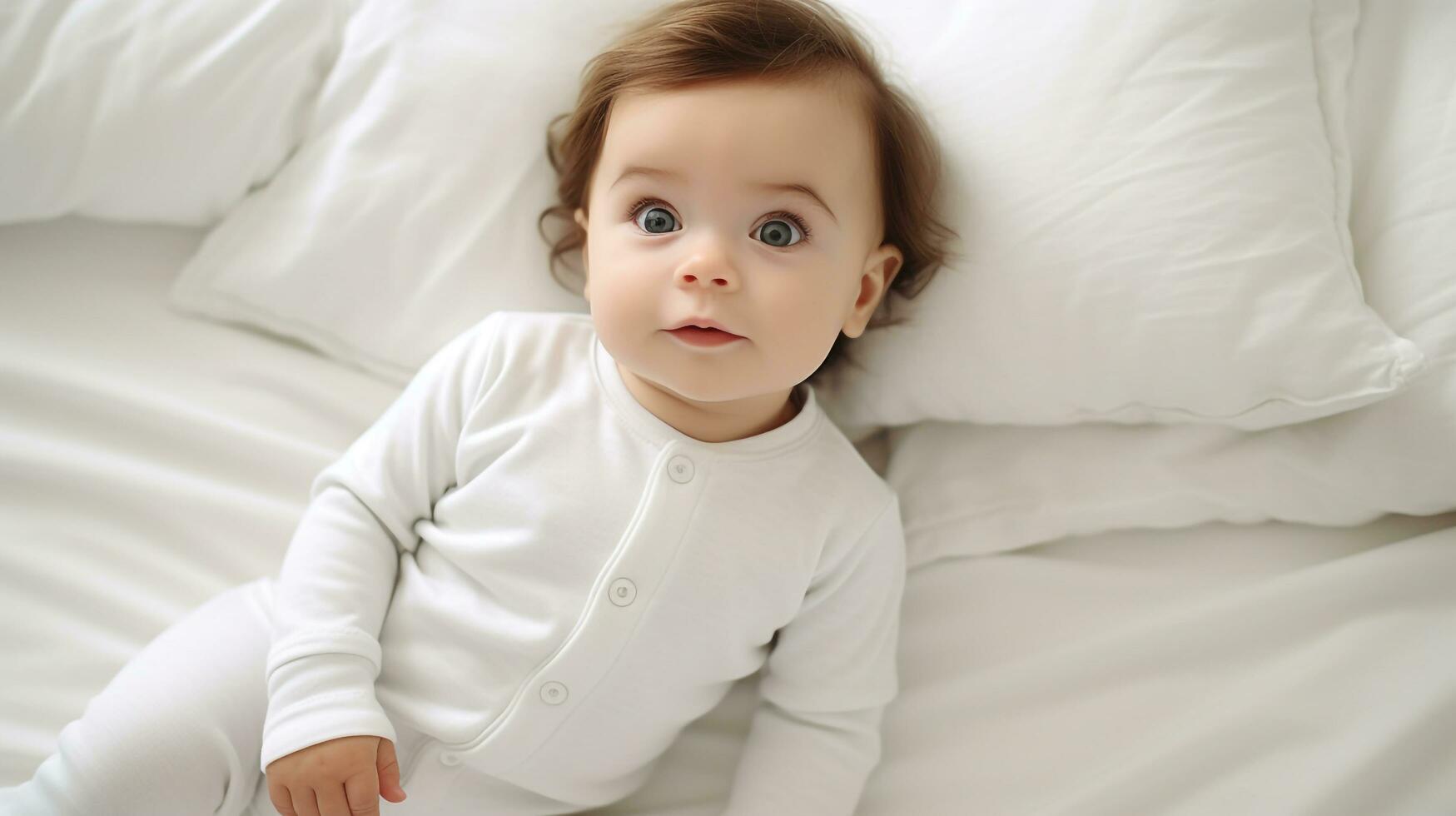 white bed, a baby wears a white shirt bodysuit mockup, the bodysuit's snug fit envelops the baby in comfort, AI generated photo