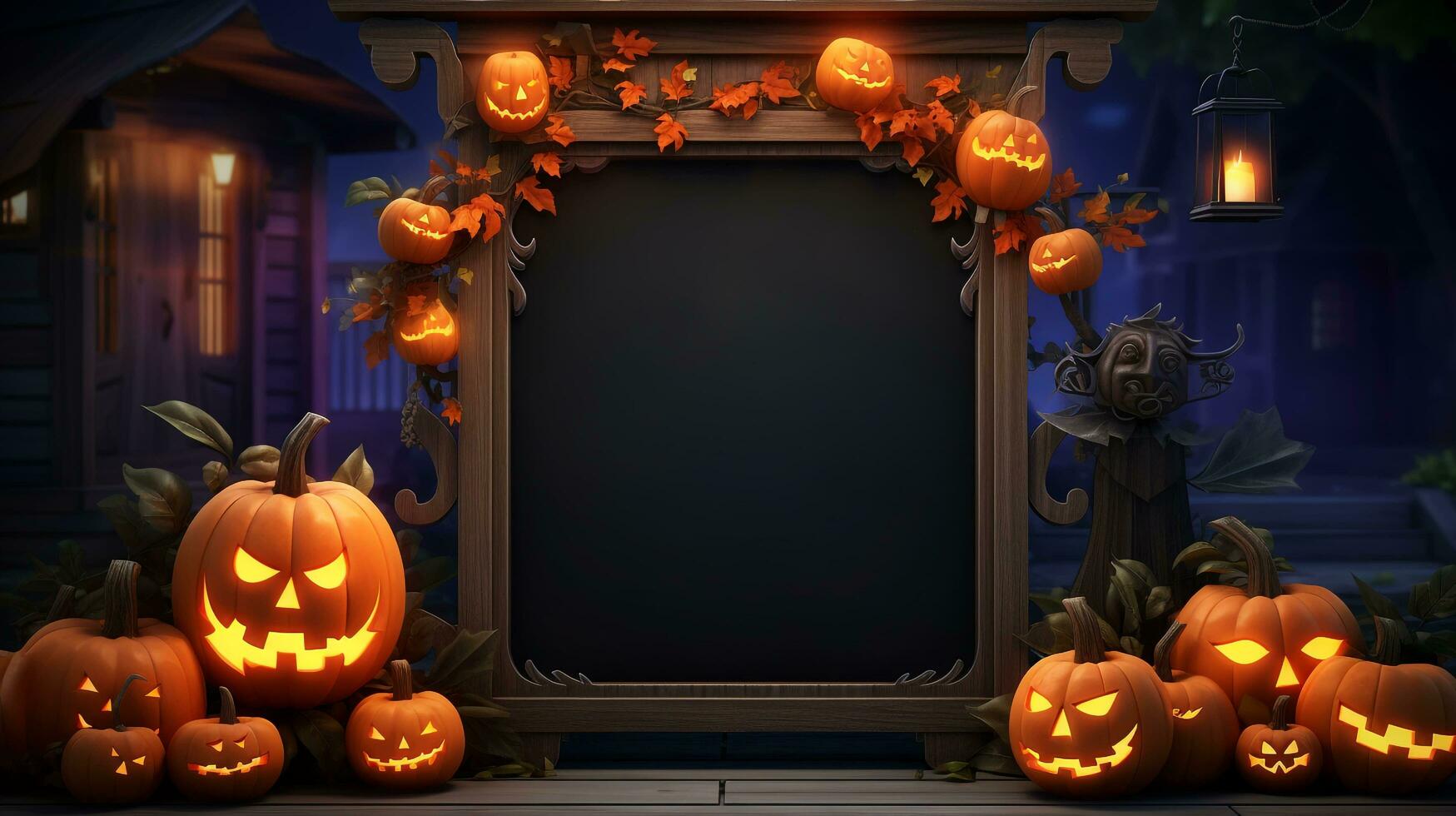 Enchanting Halloween - themed welcome signboard mockup showcasing an ornate blackboard embellished with whimsical pumpkins, AI generated photo