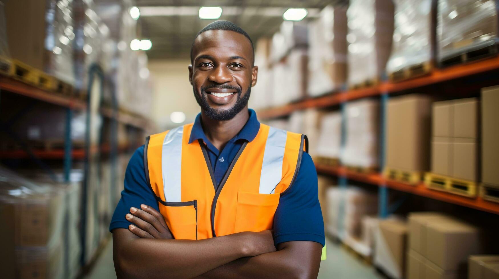 warehouse a black African man employee blurred background, AI generated photo