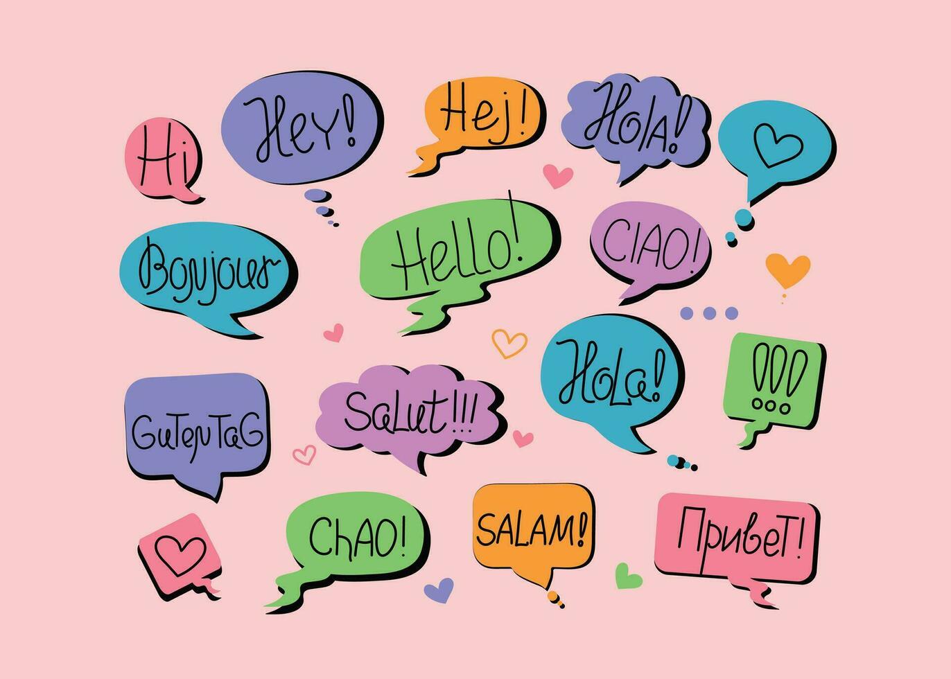 Short phrases in different languages, greetings. Information forms, speech bubbles. World Hello Day. November 21. Funny vector banner, Calligraphy lettering, words. Talk, communicate, social media.