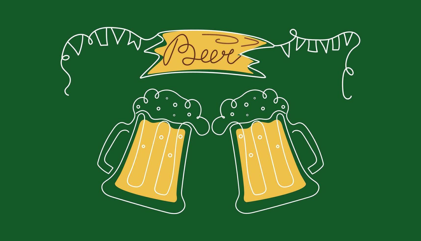 Beer Day, festival, holiday. Set of beer mugs in line art style. Wooden sign with lettering. Calligraphy, outline drawing. Oktoberfest, October. Vector illustration, background isolated.