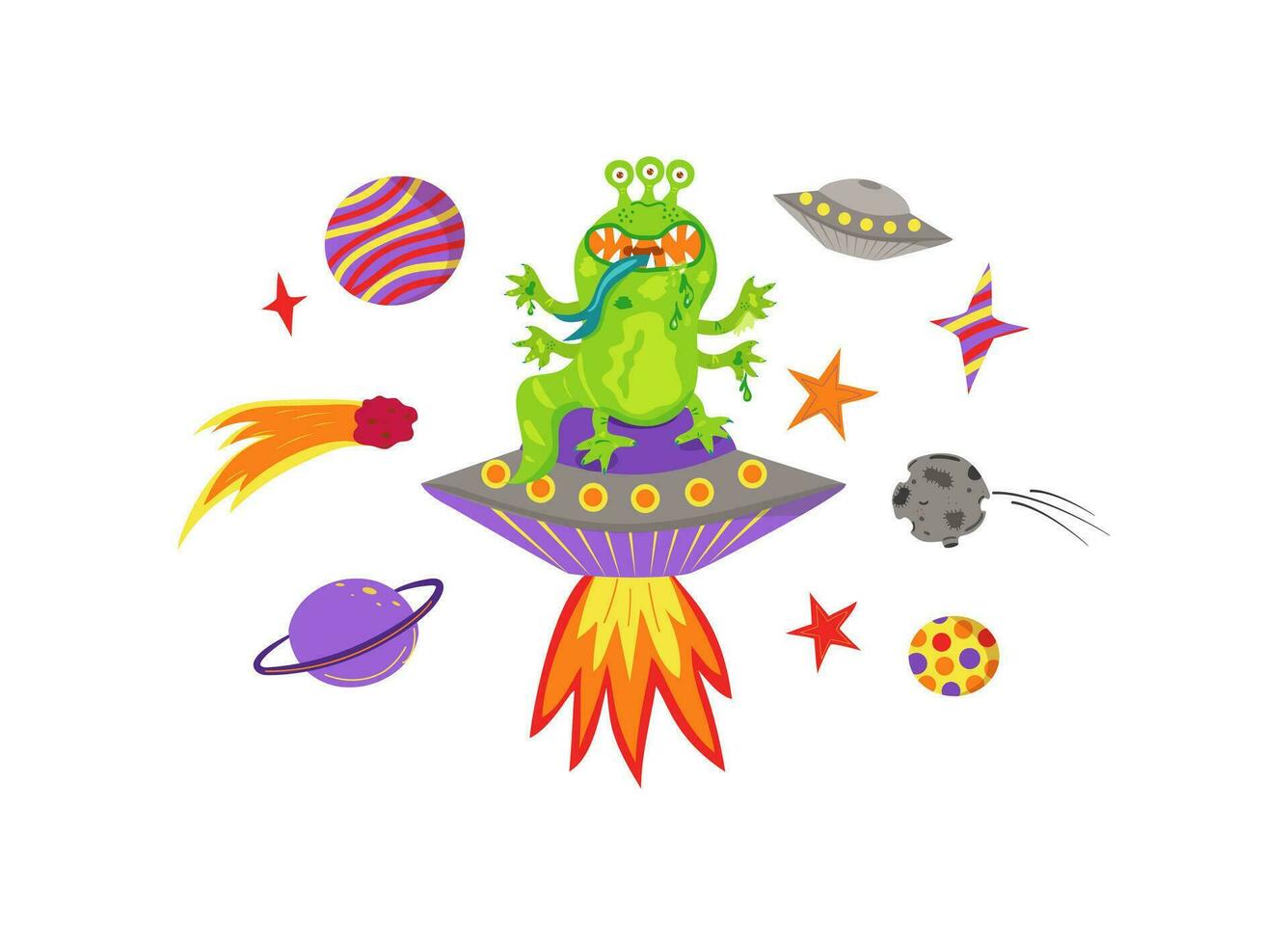 UFO, alien. Fantasy cartoon character. Alien from outer space, humor. Flying saucer, planets, comet, asteroid, spaceship. Space. vector