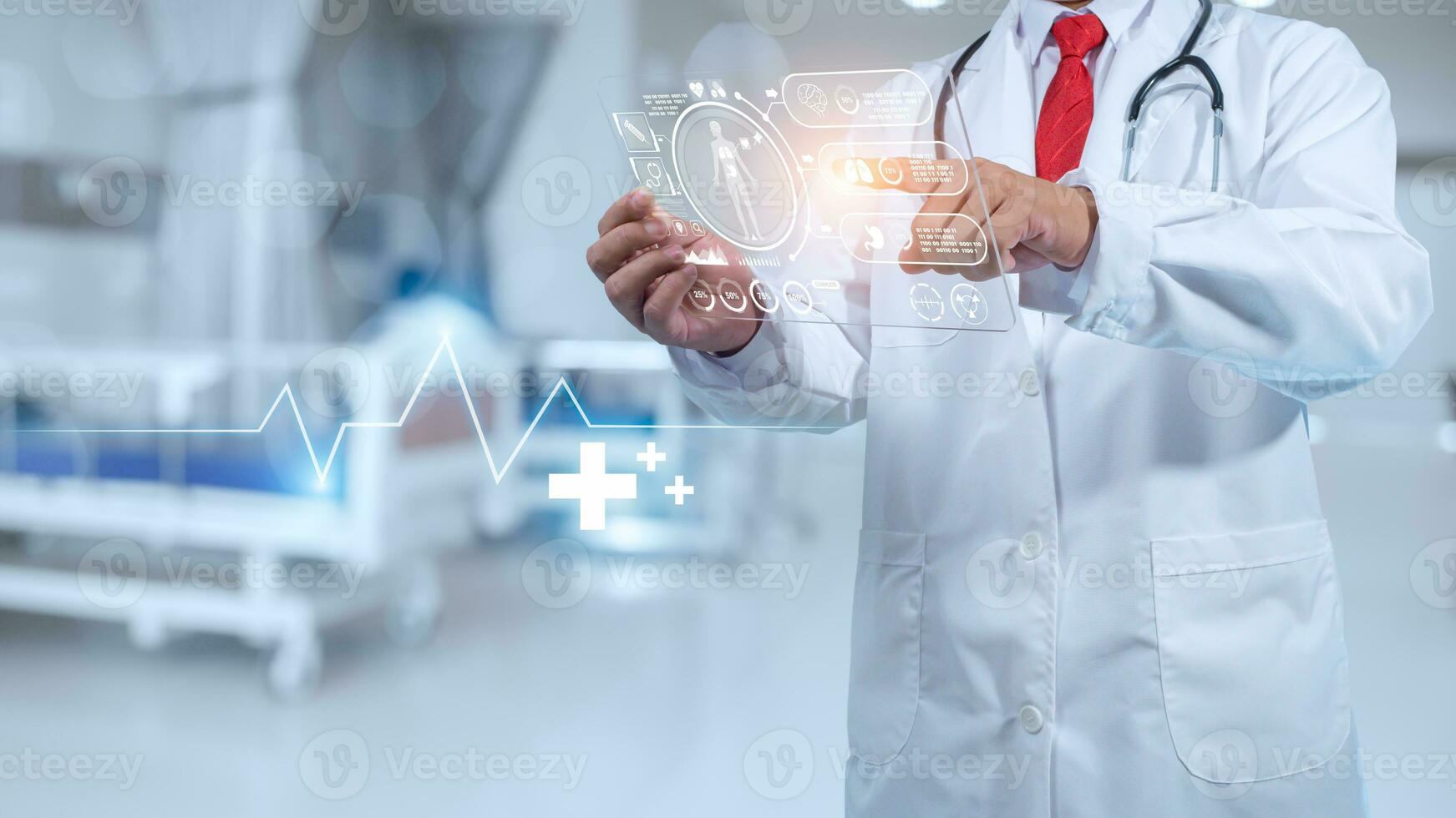 Doctor and stethoscope are using hands touching screen for medical diagnosis analysis on modern virtual screen network connection. Medical technology concept. photo