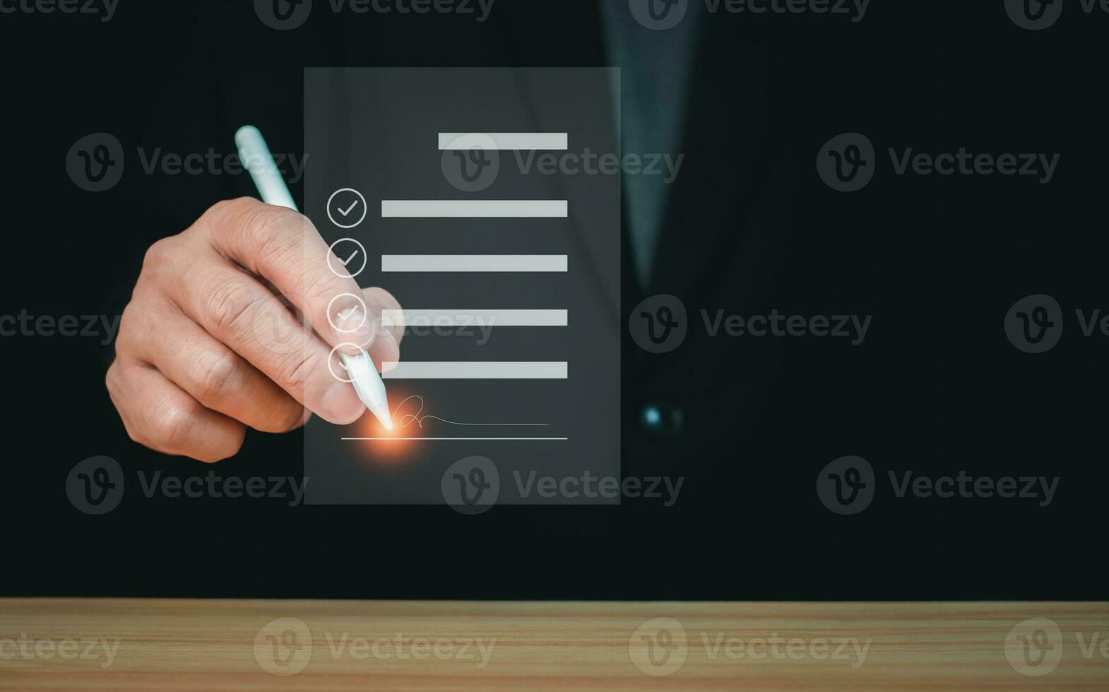 Businessman use electronic pen sign signature on electronic E-signing, data sheet document management, Electronic signature and paperless office concept. photo