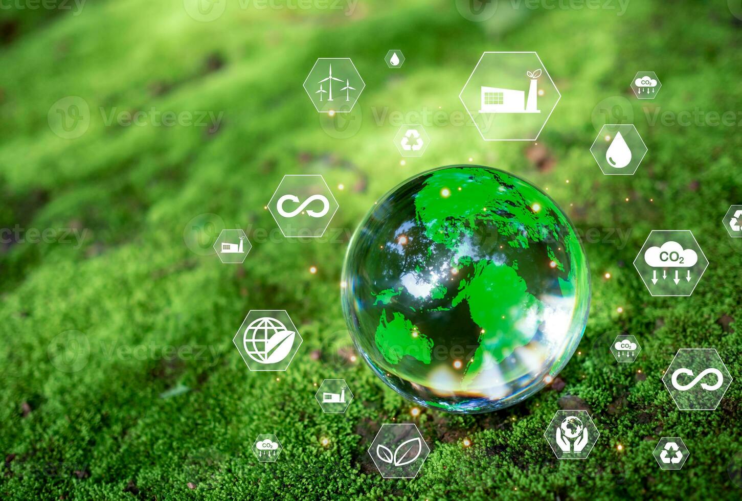 Crystal ball on moss in green forest. CO2 emission reduction concept, clean and friendly environment without carbon dioxide emissions. Planting trees to reduce CO2 emissions, photo