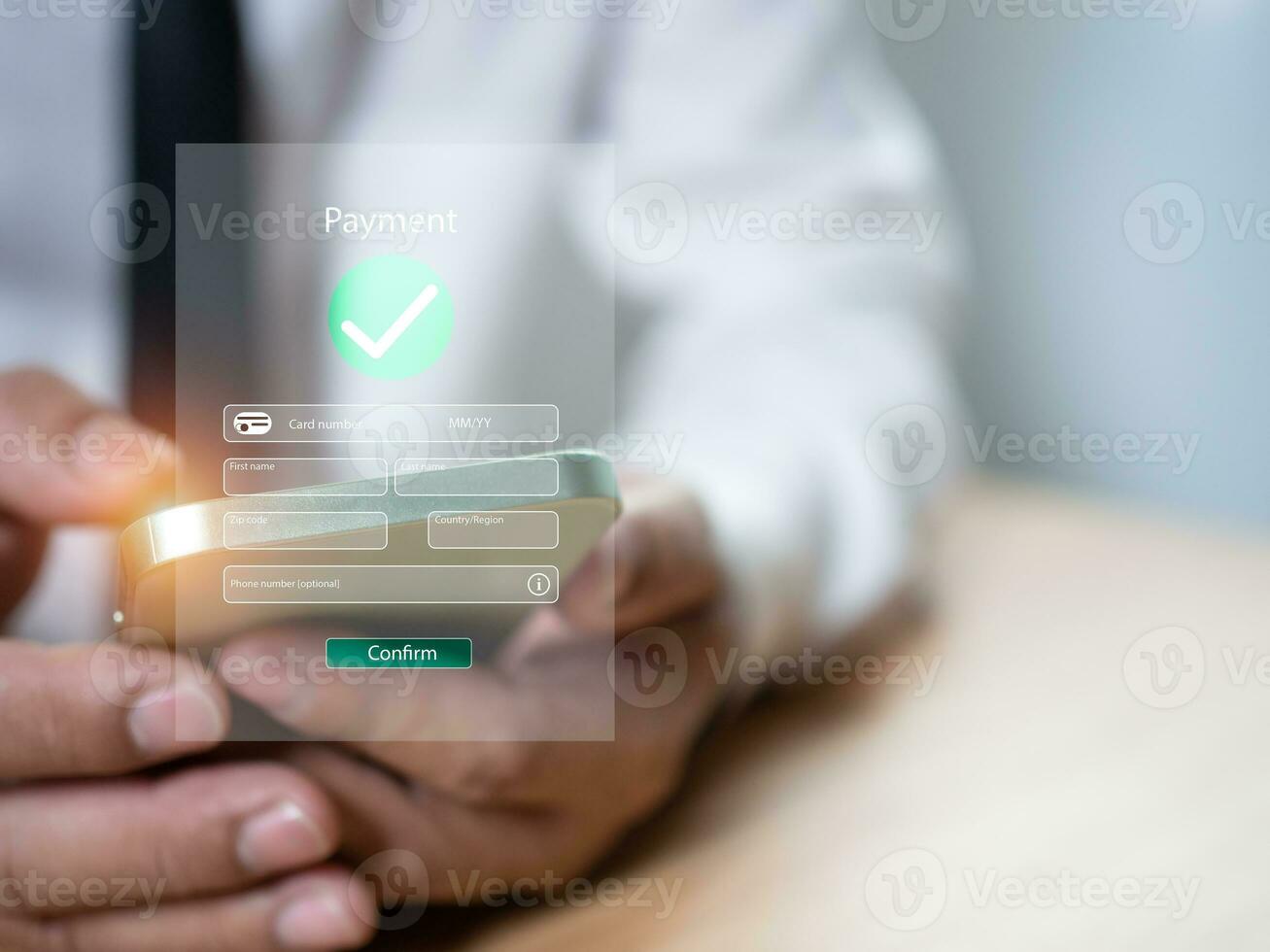 Digital banking network, internet payment, financial technology. Businessman Businessman pointing his finger at icons on virtual screen, online shopping and payment via mobile banking apps. photo