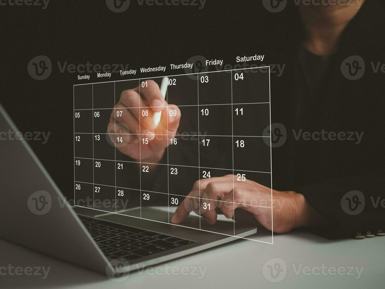 Businessman marking dates on virtual calendar, managing his business schedule, setting reminders for important appointments, creative collage for planning ideas, appointment scheduler photo