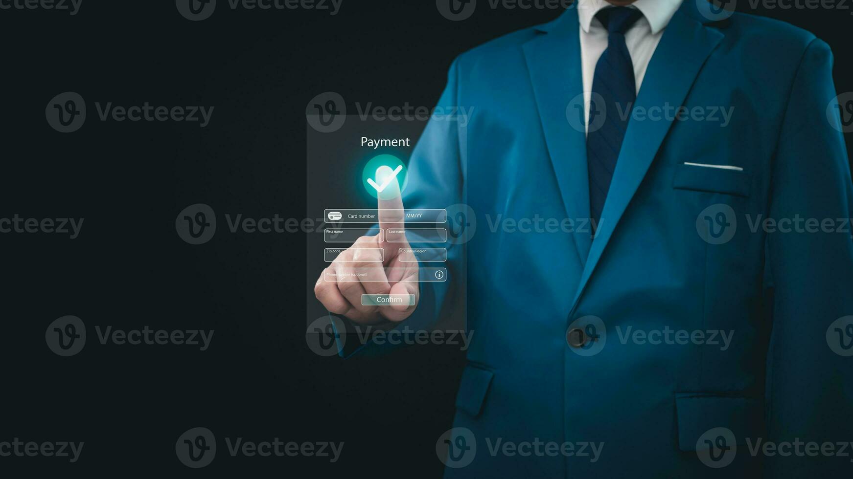 Digital banking network, internet payment, financial technology. Businessman Businessman pointing his finger at icons on virtual screen, online shopping and payment via mobile banking apps. photo