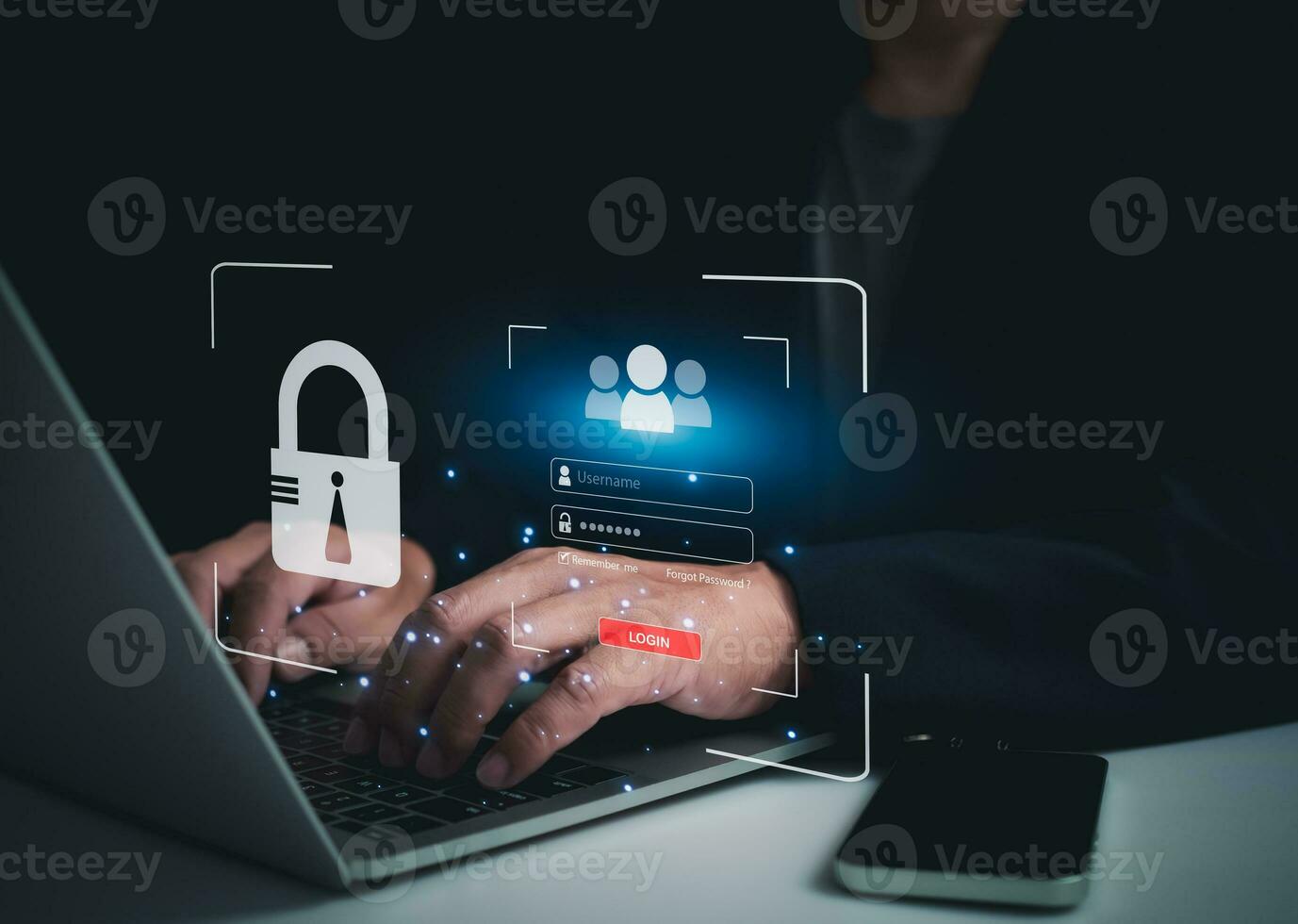 Businessman use computer to login, Represents protection against external hacking. Security concepts for protecting against code, viruses, firmware, and malware. photo