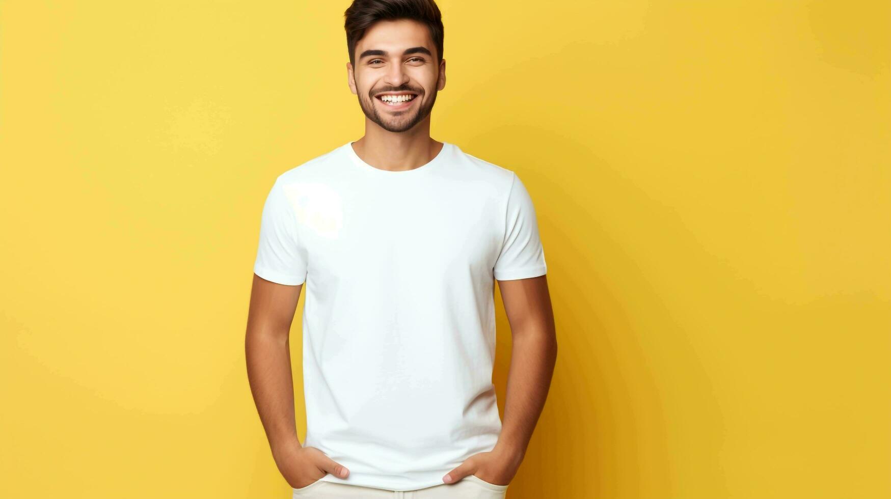 Man model wearing blank empty Bella canvas white shirt Mockup, AI generated photo