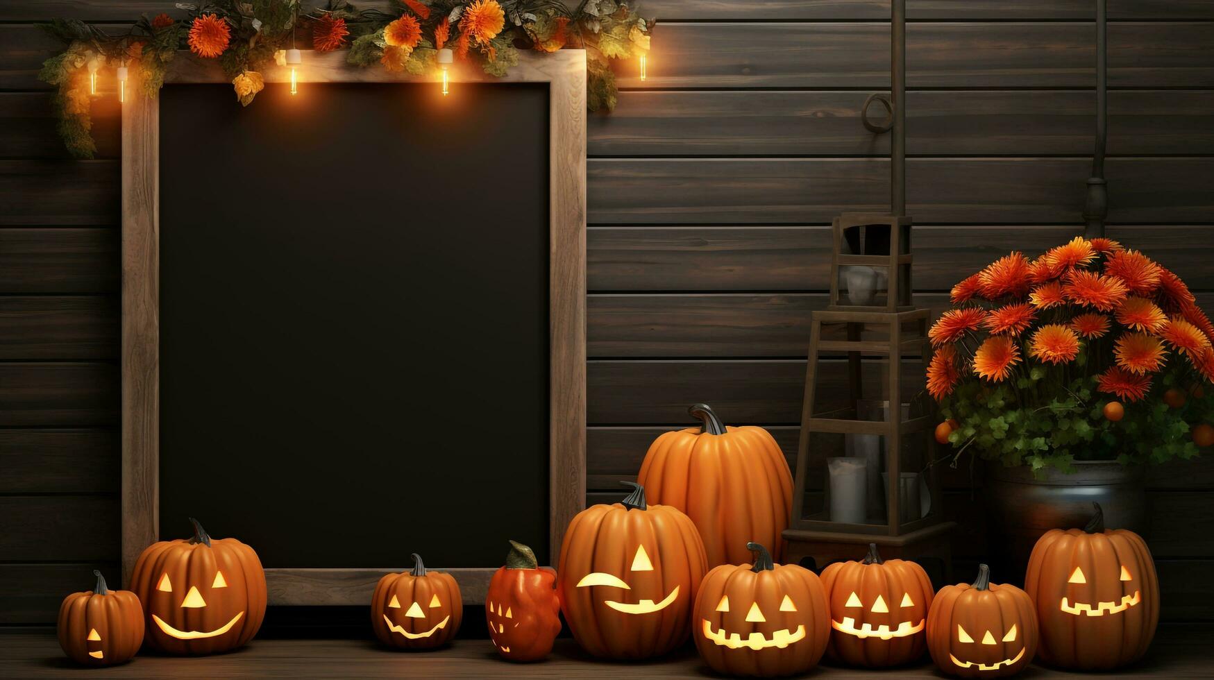 display Halloween welcome signboard mockup with pumpkins and flowers. Black board with autumn holiday decoration, AI generated photo