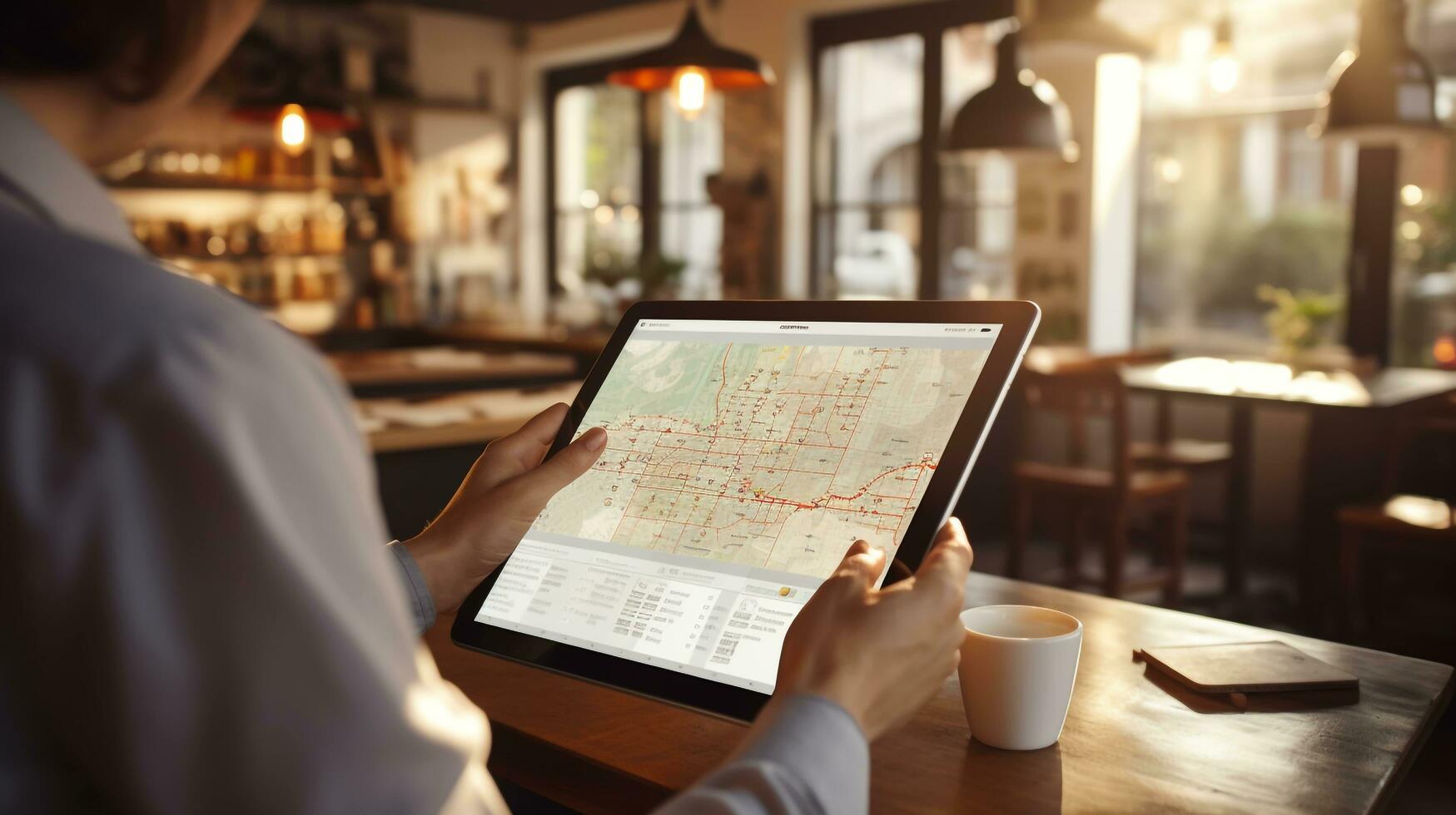 A person holding a magnifying glass over a digital map on a tablet, exploring various regions for potential real estate investments, AI generated photo