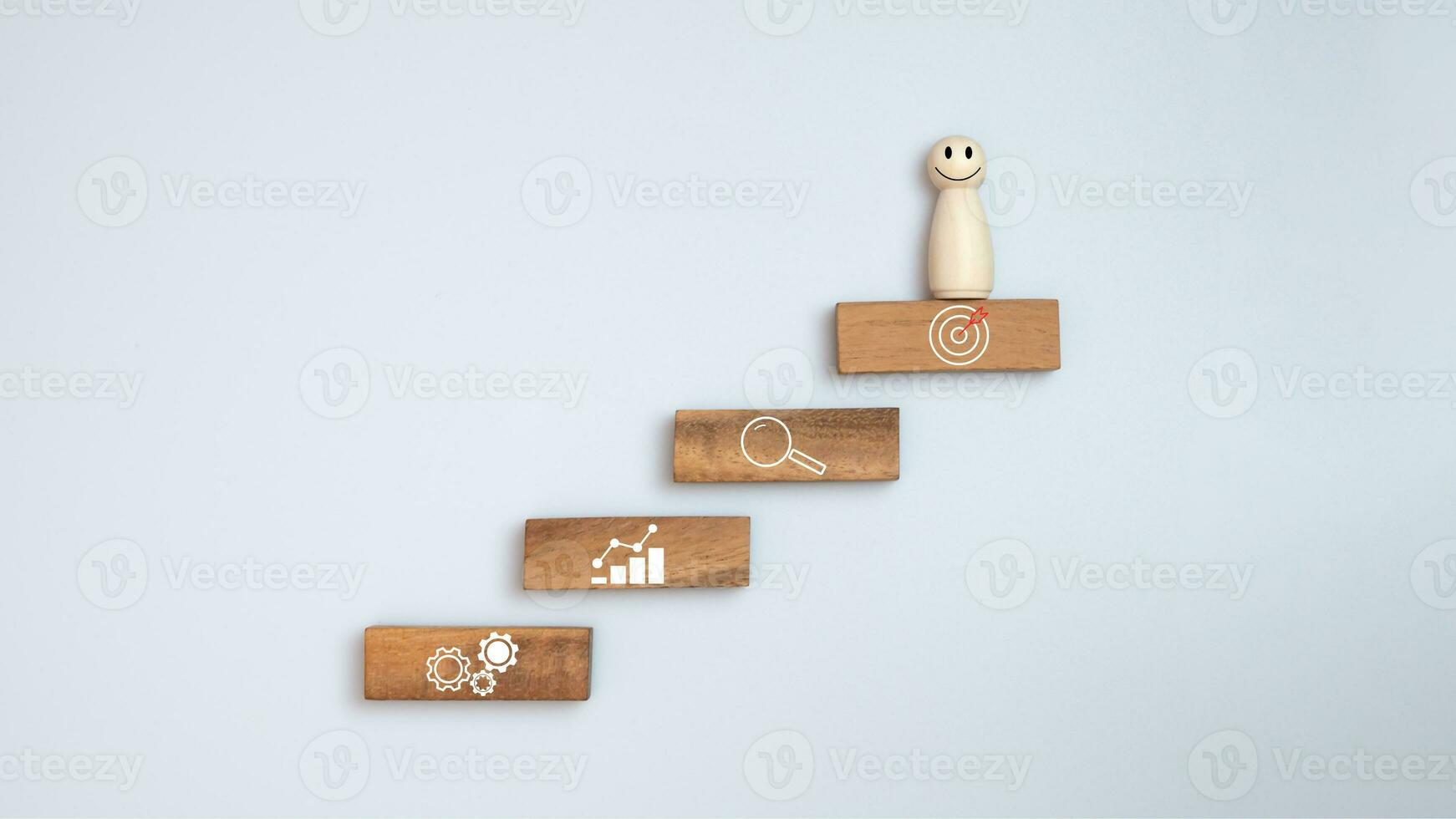 wood doll stand on woods block step with icon Action plan, Goal and target, success and business target concept, project management, company strategy photo