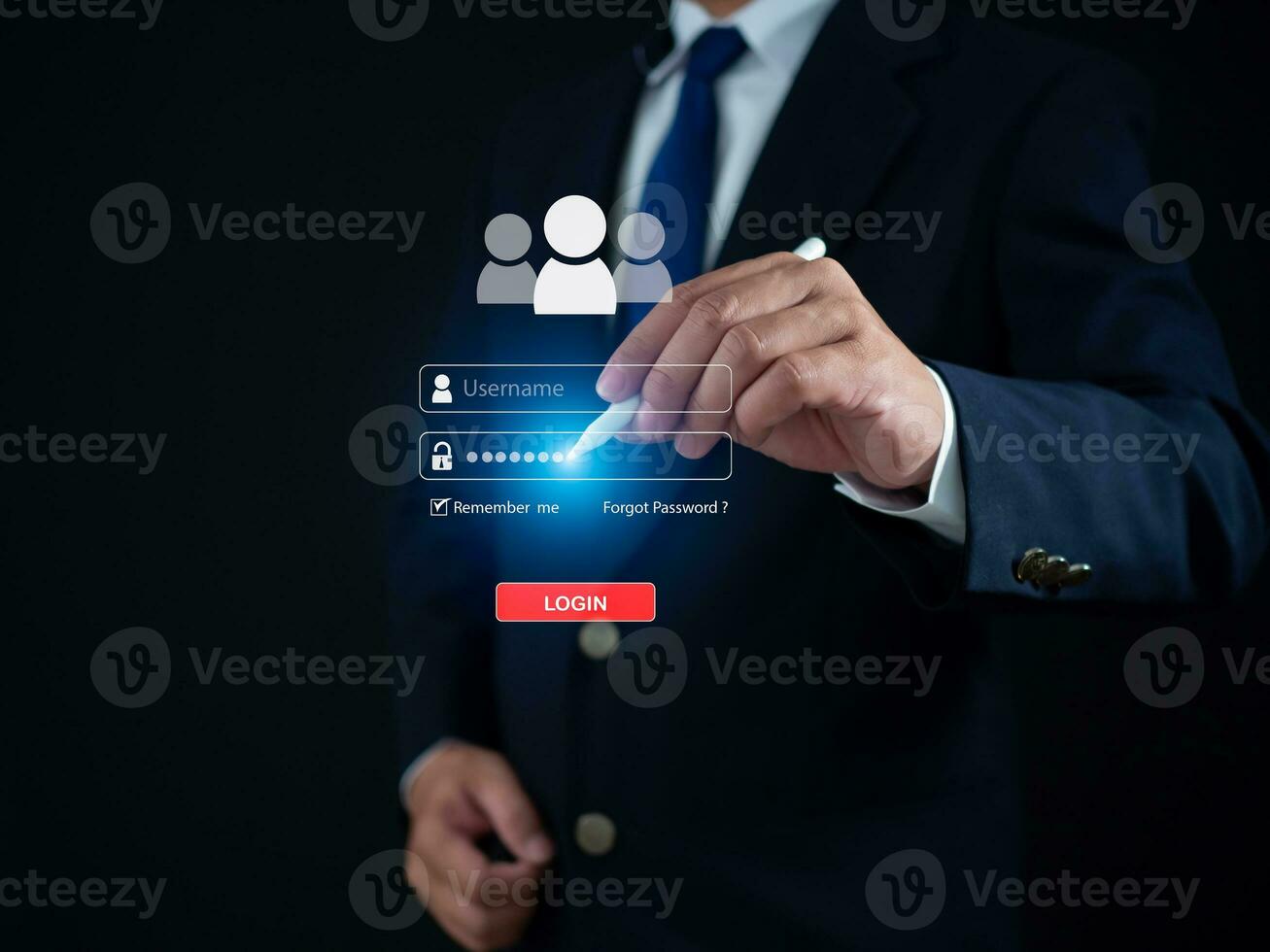 Businessman using pen to enter password at login screen. Represents protection from outside hacking. The concept of code protection. Viruses, firmware and malware. photo