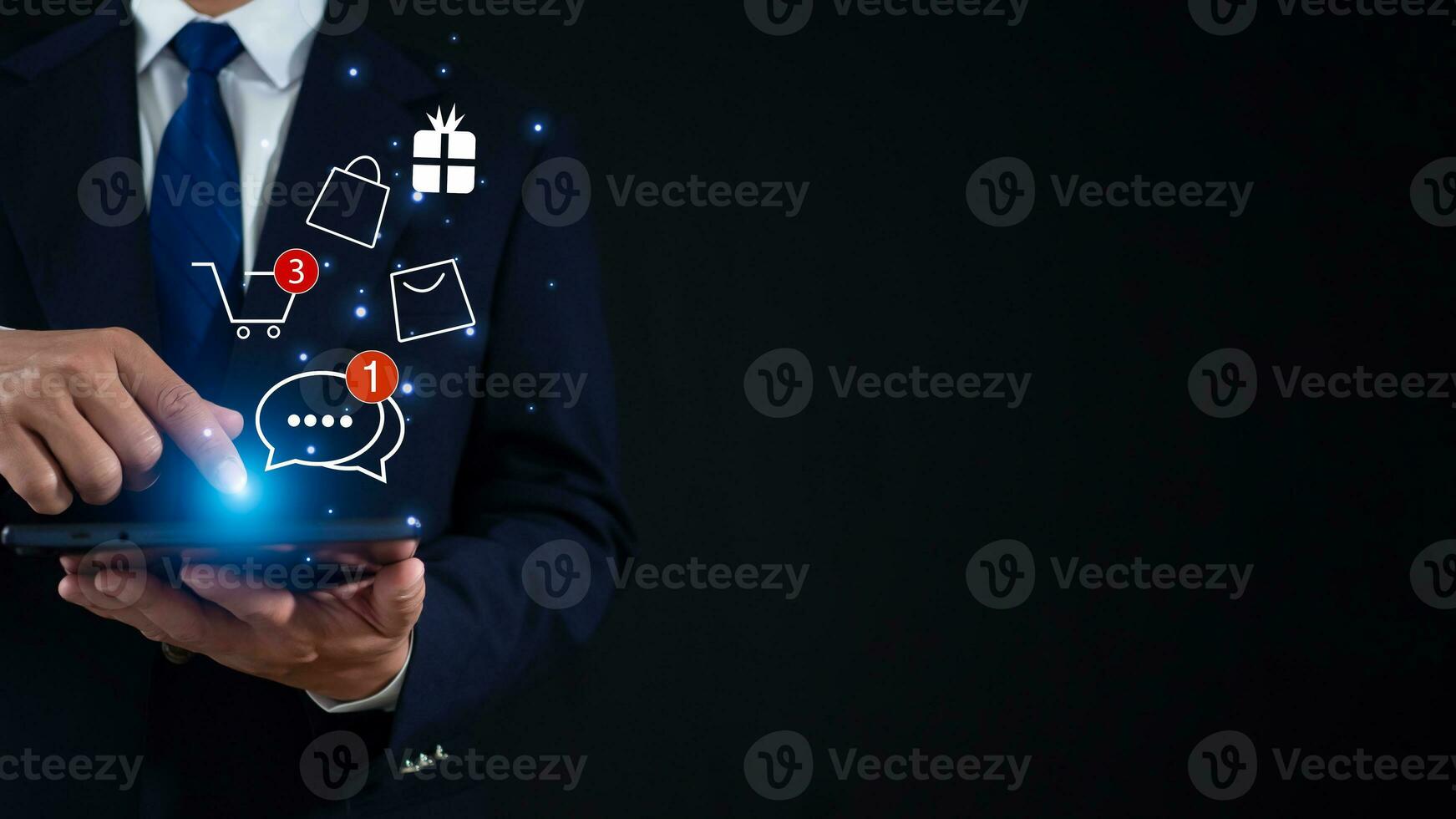 Digital banking network, internet payment, financial technology. Businessman pointing his finger at icons on tablet screen, online shopping and payment via mobile banking apps. photo