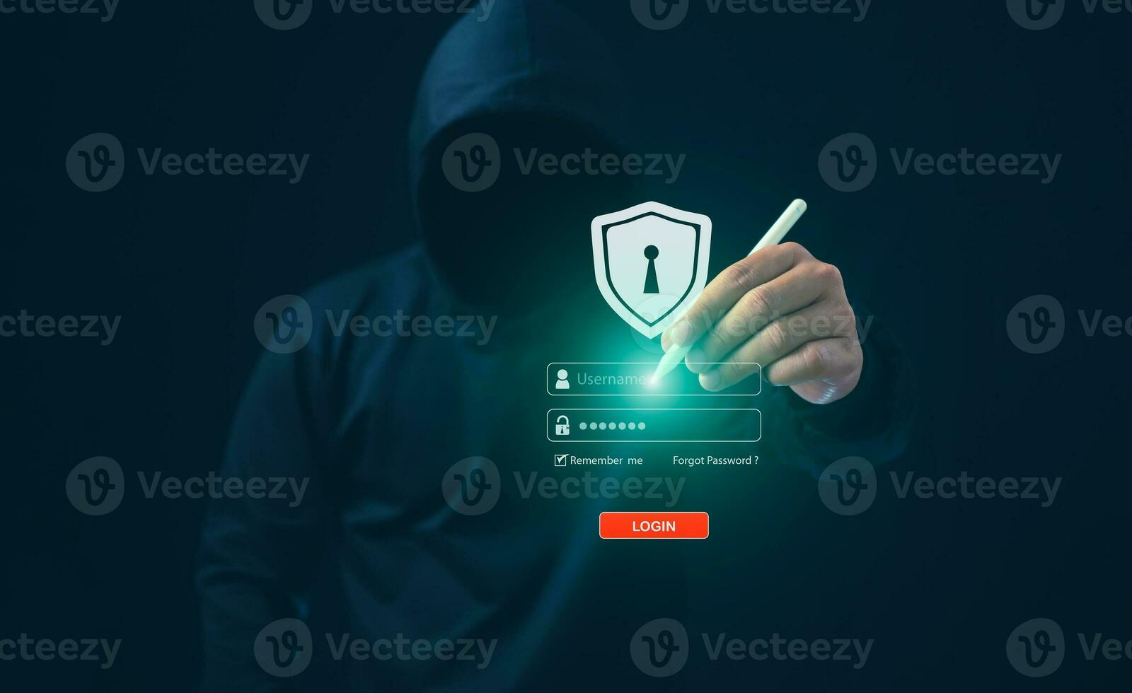 Hacker pointing pen at login screen On a dark background. Concept of information security in internet networks and espionage. Network espionage. Virus attack. Hacker attack. photo