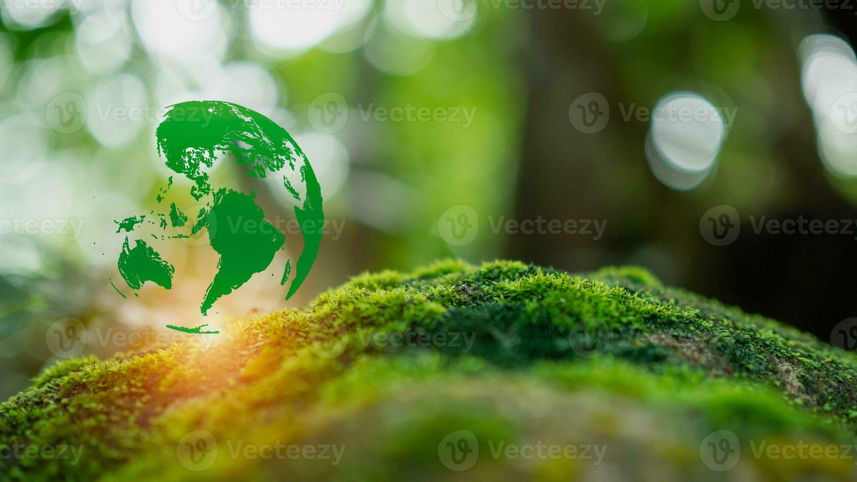 Crystal ball on moss in green forest. Environment concept Ecology and Sustainable Environment of the World. Earth day concept. photo