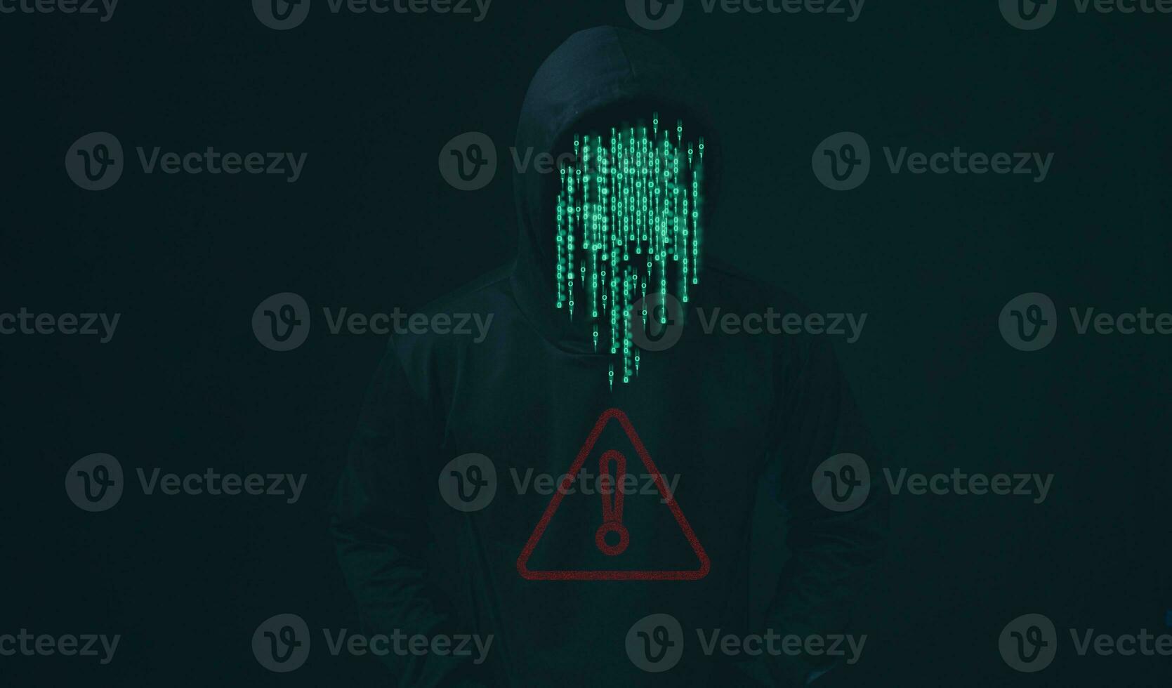 Hacker standing with data protection sign on dark background. Concept of information security in internet networks and espionage. Virus attack. Hacker attack. photo