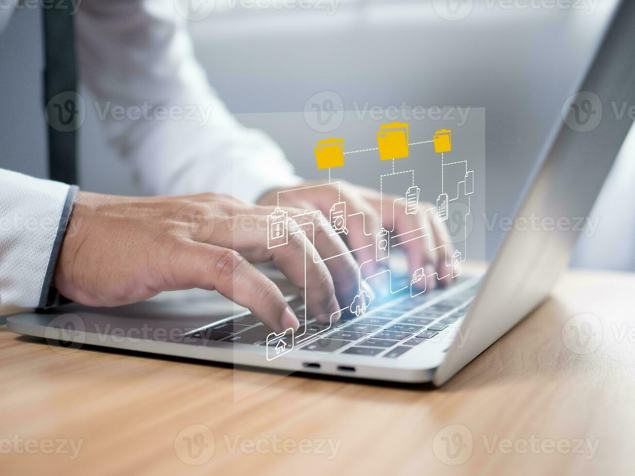 Folder document Management System DMS Open File folder with flying blank documents with computer. Data transfer backup, File Sharing, Document Transferring concept. searching and managing files. photo