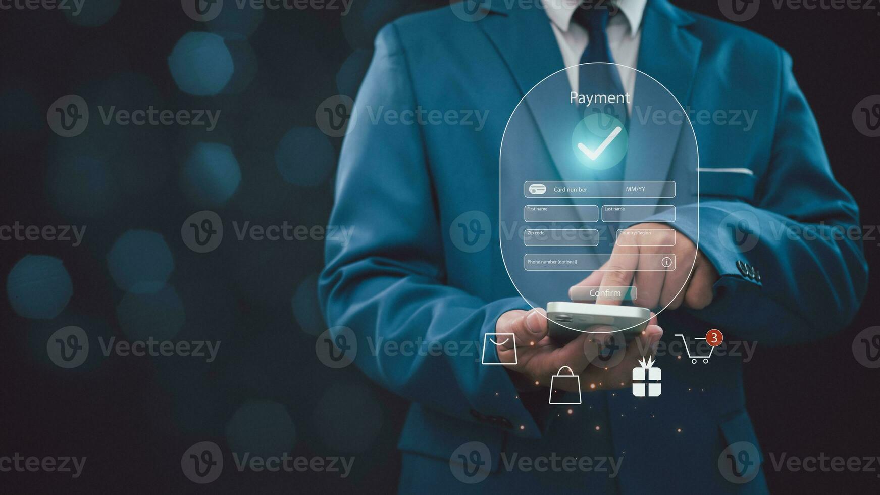 Digital banking network, internet payment, financial technology.  Businessman pointing his finger at icons on virtual screen, online shopping and payment via mobile banking apps. photo