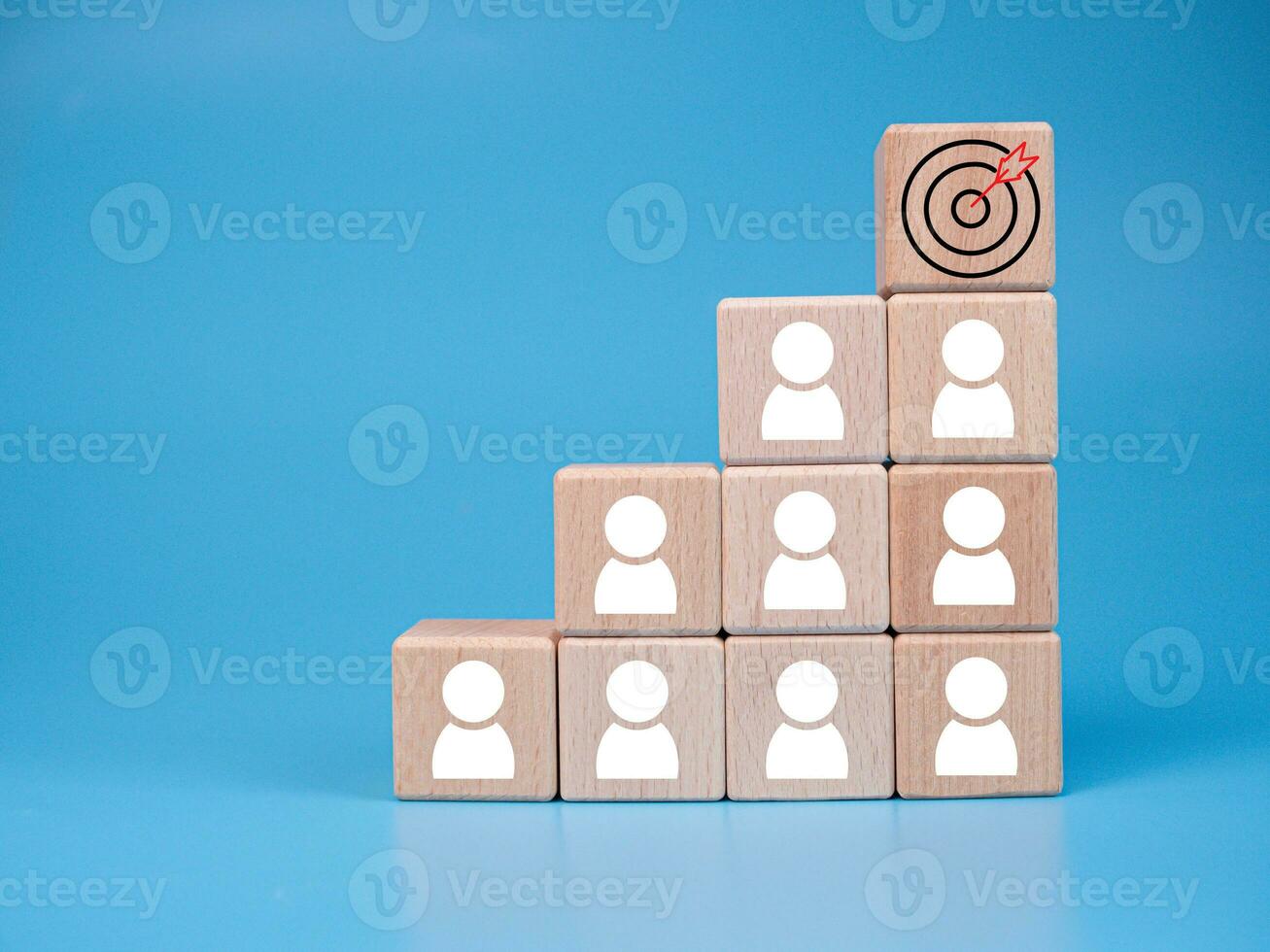 wooden block which prints a target icon and business symbol on white background. Business goals and objectives concept. business competition. business target concept. photo