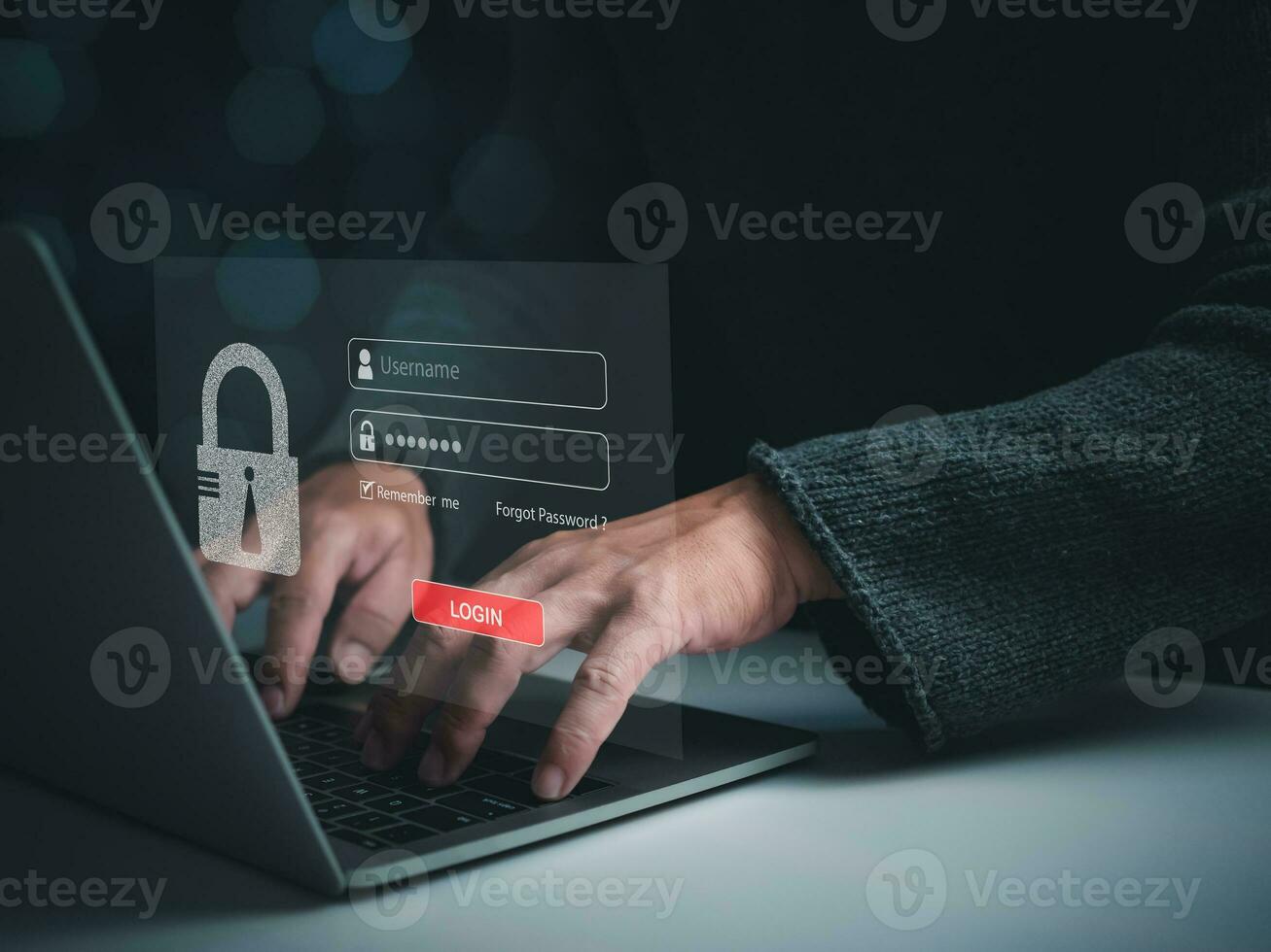 Human hand working on computer and protection icon. Represents the code protection. Security concept and communication technology photo