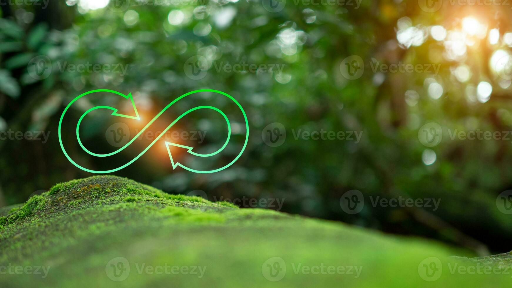 Concepts of waste reduction, pollution, reuse, efficient use of resources. Environmental protection sign by recycling on circular wooden board on nature background. photo