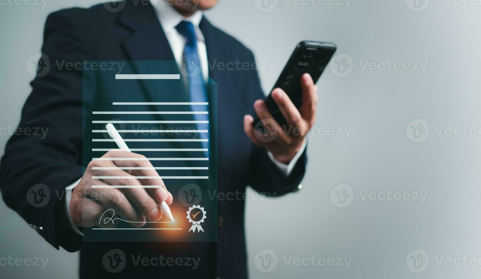 Businessman use electronic pen sign signature on electronic E-signing, data sheet document management, Electronic signature and paperless office concept. photo