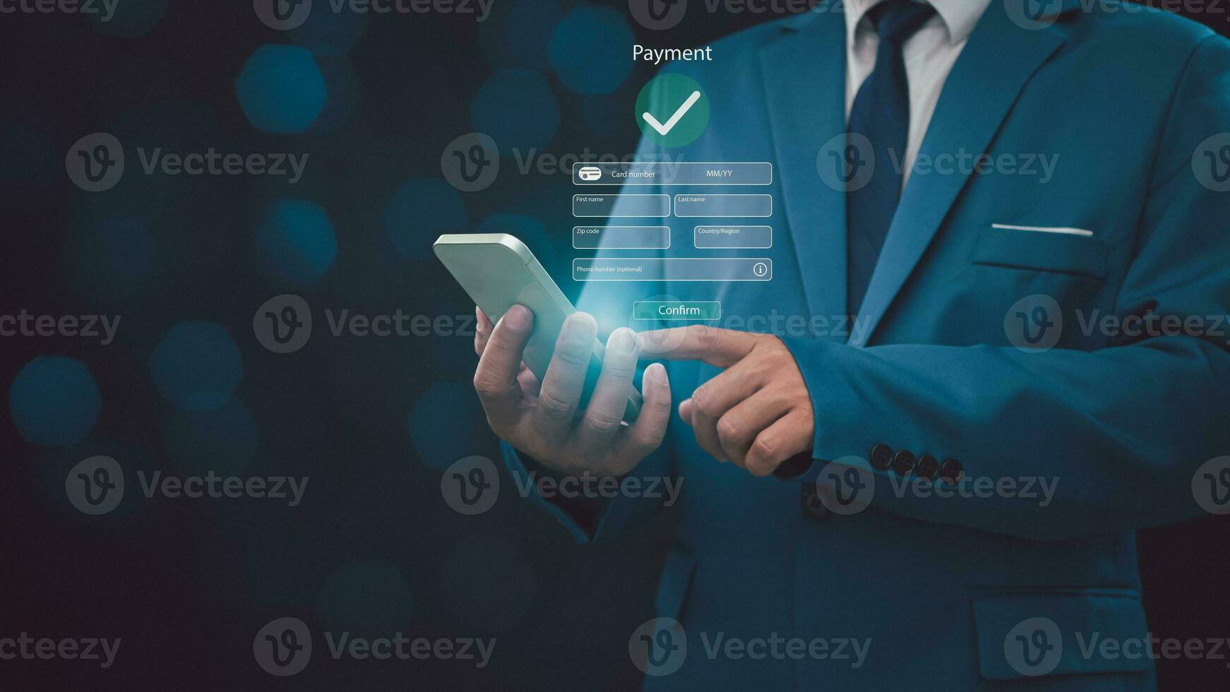 Digital banking network, internet payment, financial technology. Businessman Businessman pointing his finger at icons on virtual screen, online shopping and payment via mobile banking apps. photo