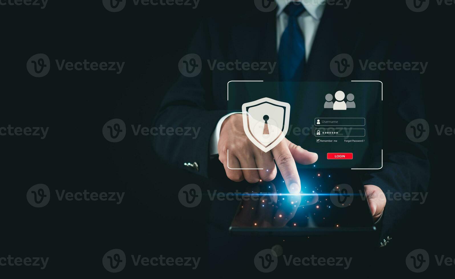businessman's fingers are pressing on the tablet screen. Represents protection against external hacks, code protection security concepts, viruses, firmware and malware. photo