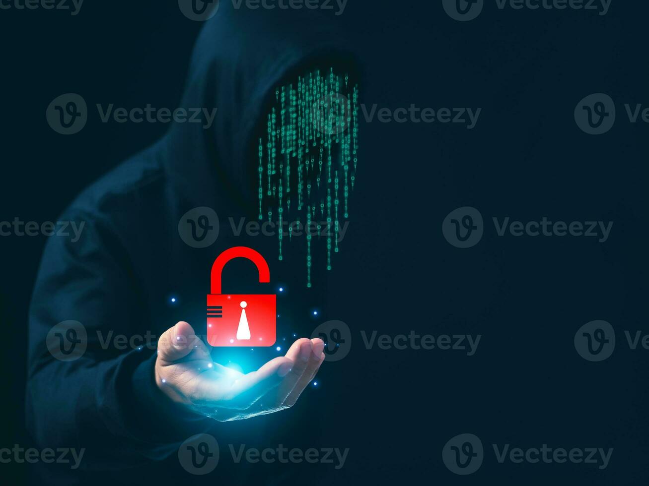 Hacker is holding a data protection sign on a dark background. Concept of information security in internet networks and espionage. photo