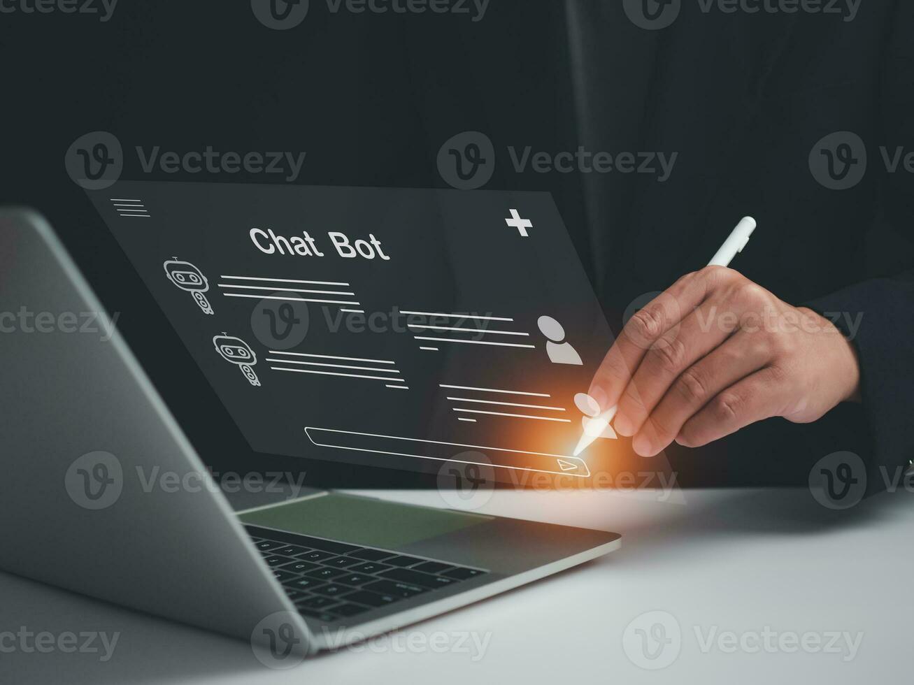 A businessman is using a pen to write a question that he wants an AI to answer. Chatbot system concept. AI concept photo