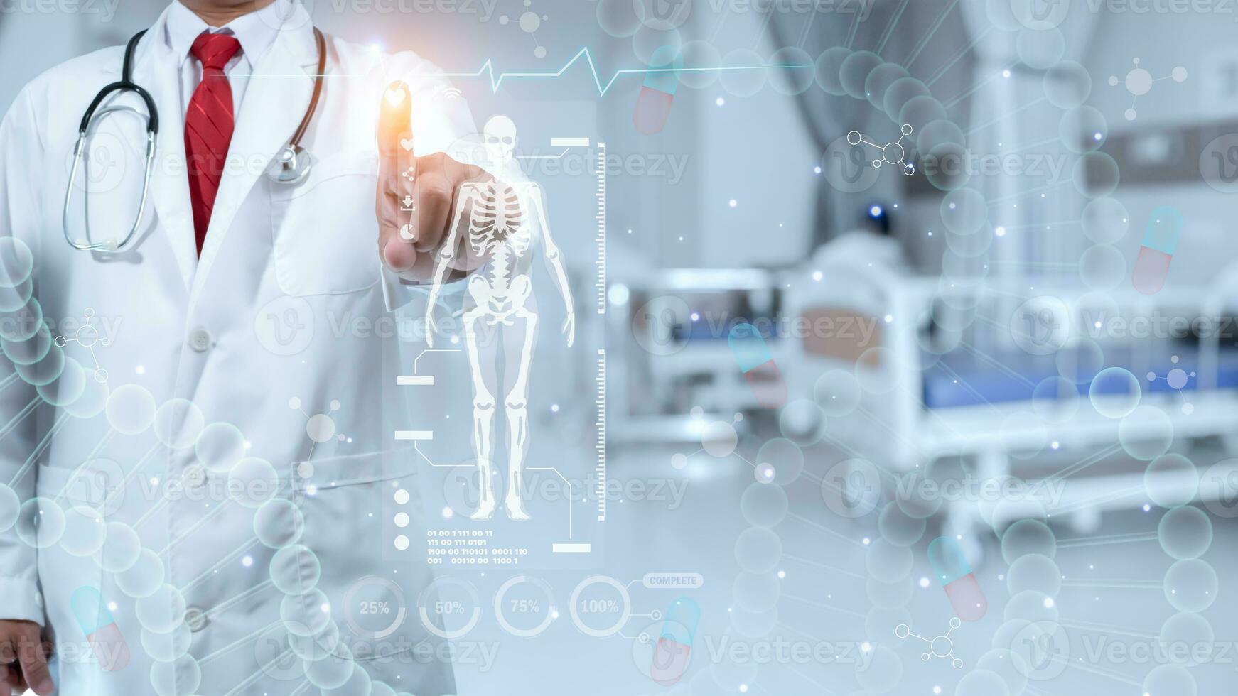 Doctor is using finger of touching screen for medical diagnostic analysis on modern virtual screen network connection. Medical technology concept. photo