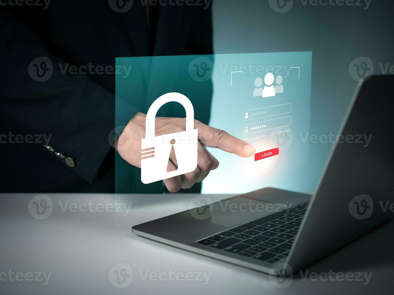 Human hand working on computer and protection icon. Represents the code protection. Security concept and communication technology photo