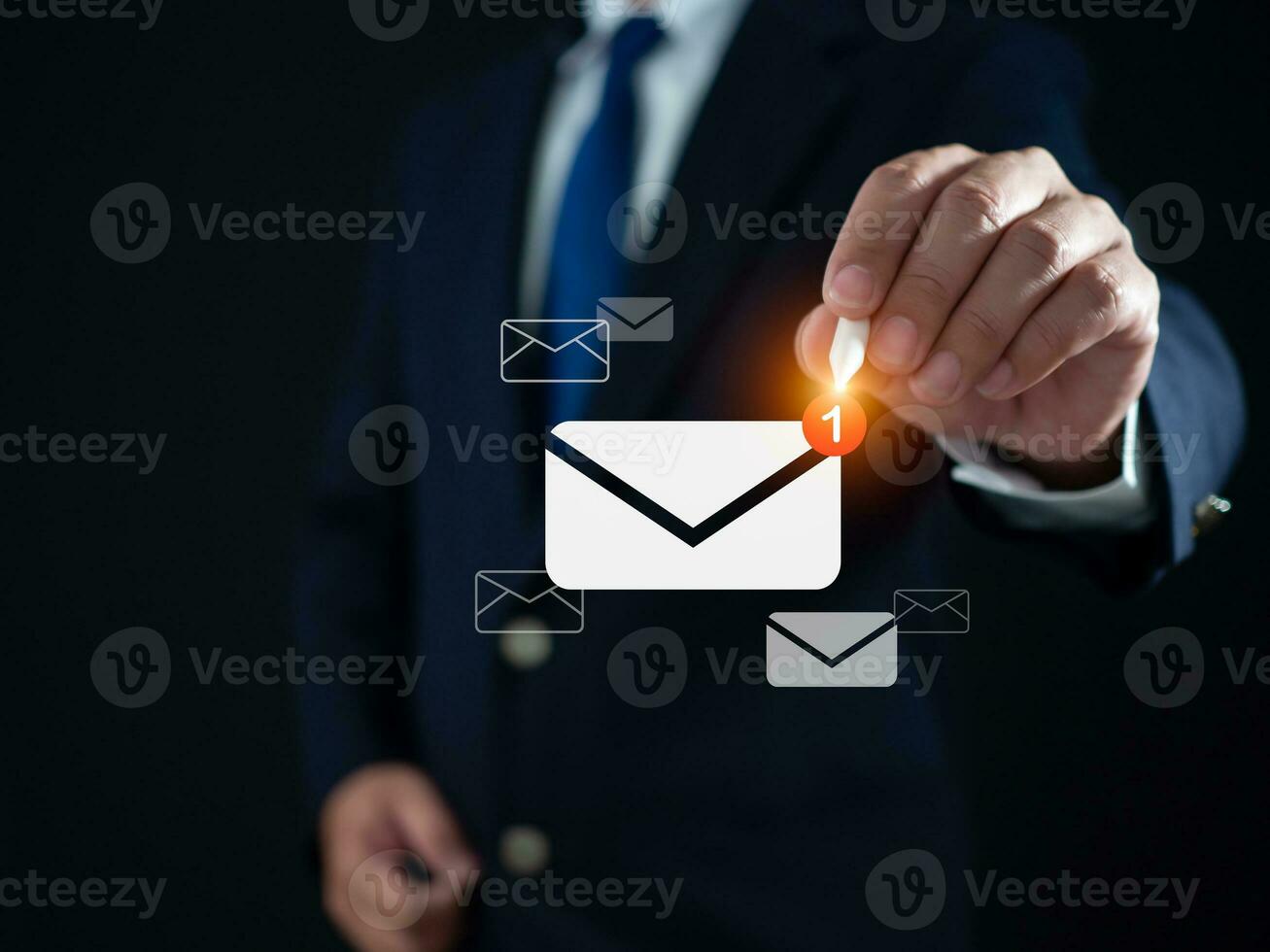 Businessman using pen to touch email on virtual screen. New email notification concept for business email communication and digital marketing. Inbox receives notification of electronic messages. photo
