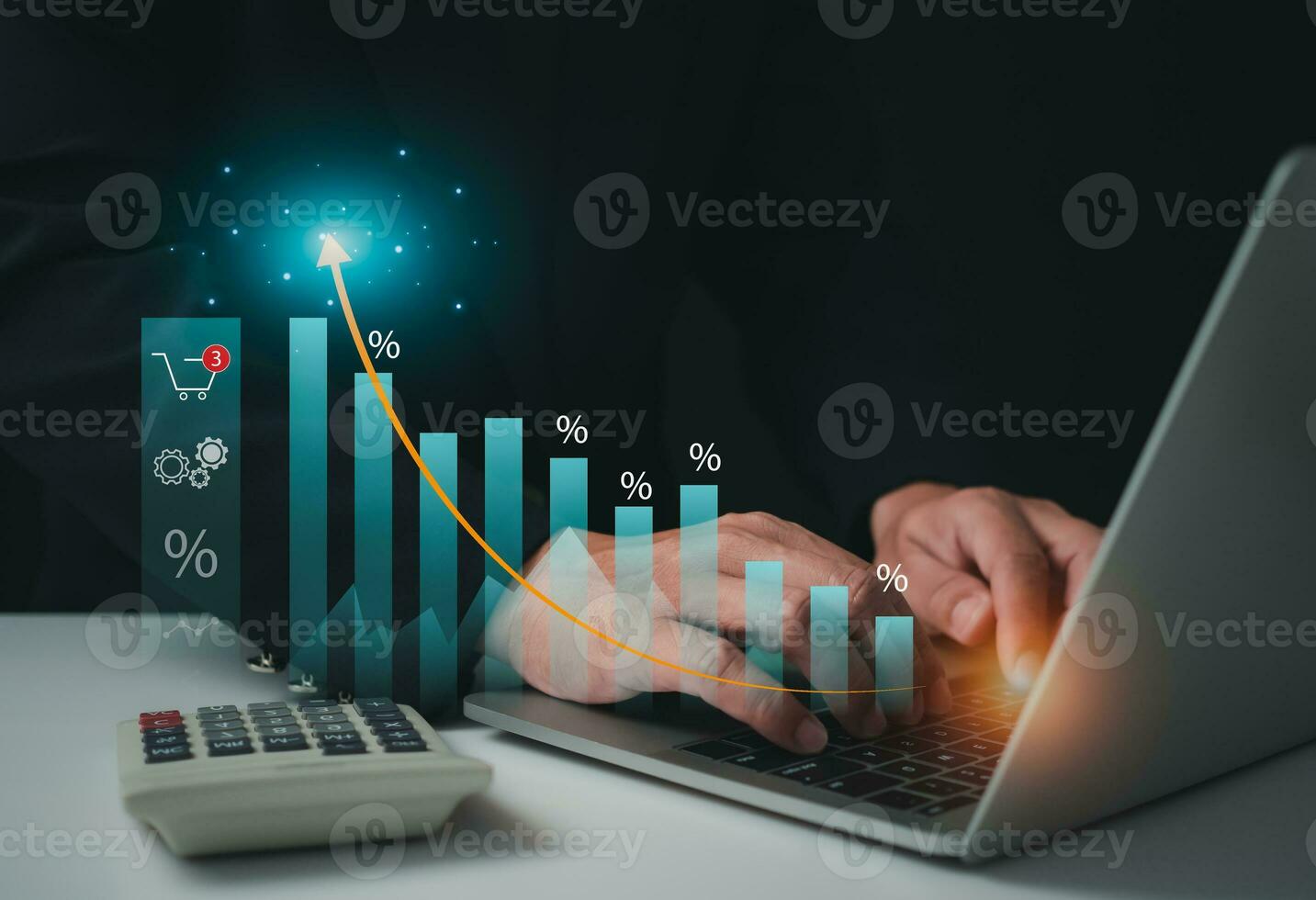 Stock market, Business growth, progress or success concept. Businessman is showing a growing virtual hologram stock, invest in trading. photo
