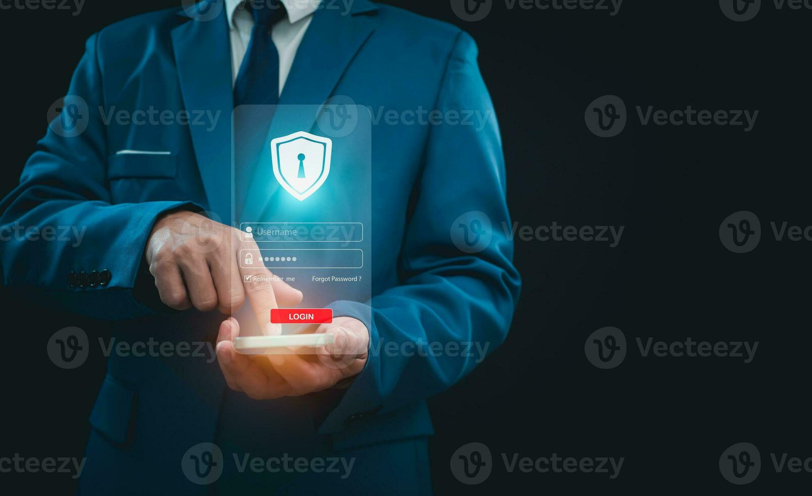 Businessman are pressing on the phone screen. Represents protection against external hacks, code protection security concepts, viruses, firmware and malware. photo