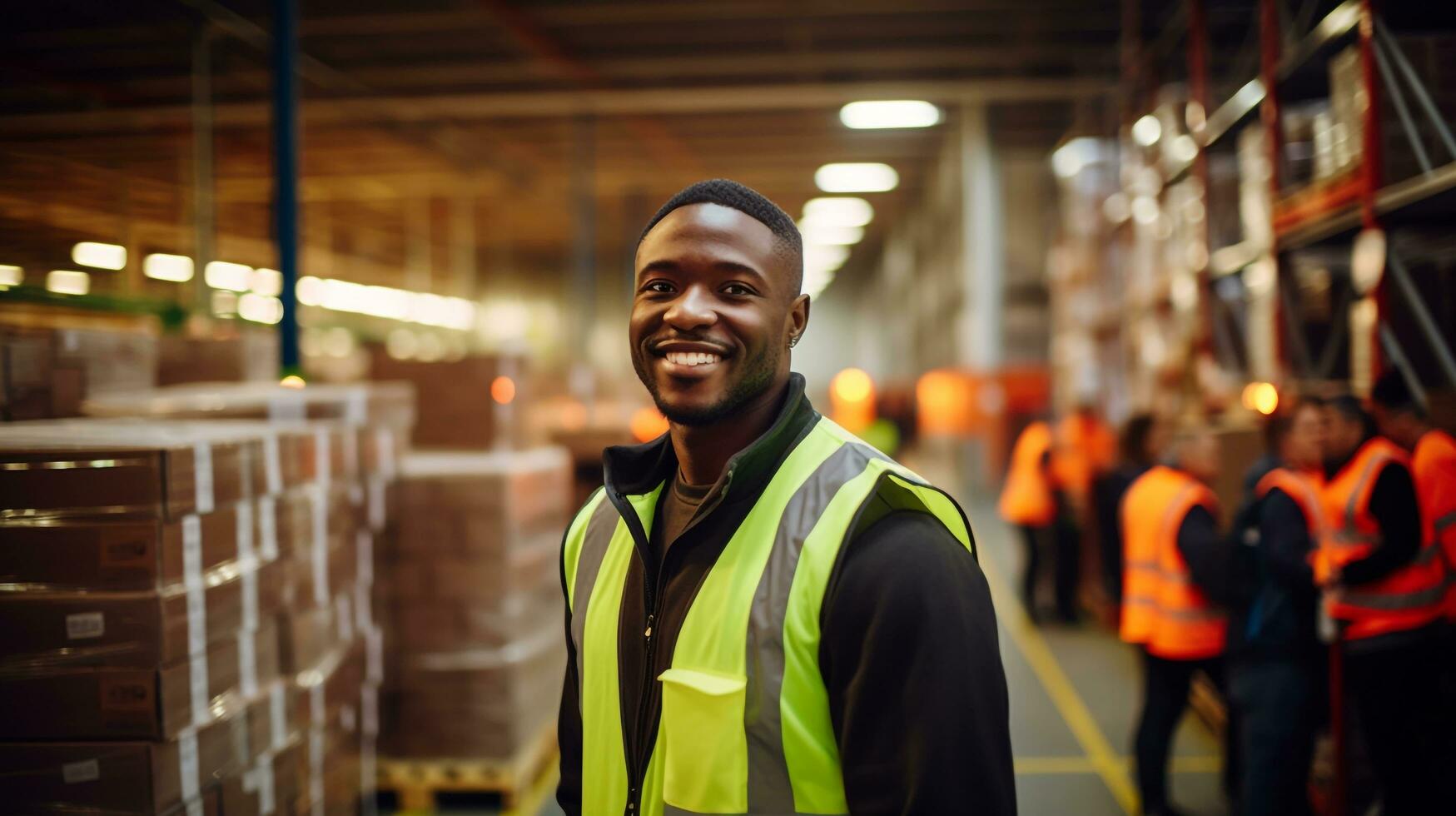 A black African man, wearing a high visibility vest, stands within a bustling warehouse, AI generated photo