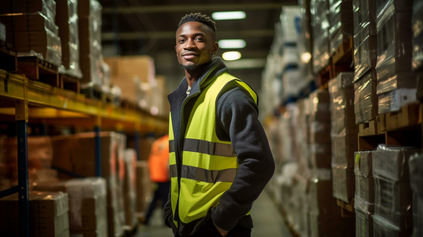 trabajador en un depósito, un africano hombre en su, exportar importar concepto editorial laboral, activo, Moviente cajas, ai generado foto