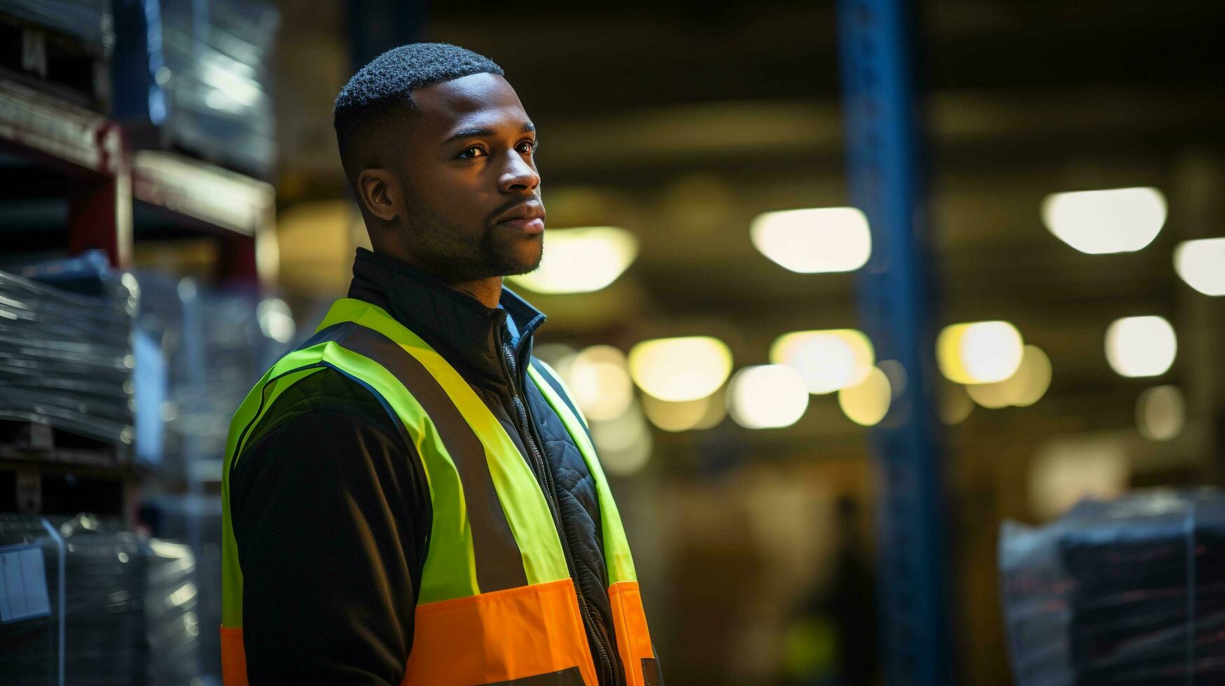 a happy warehouse worker wearing a high-vis jacket stood in a bright warehouse, AI generated photo