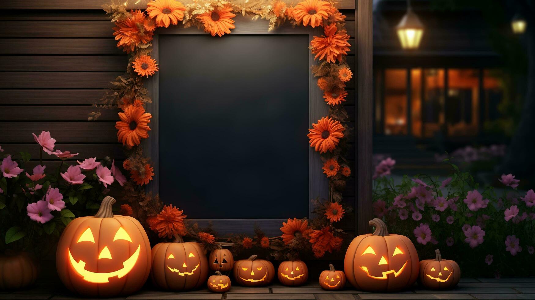 Halloween welcome signboard mockup with pumpkins, lanterns, and fallen leaves. Blackboard with the autumn holiday, AI-generated photo