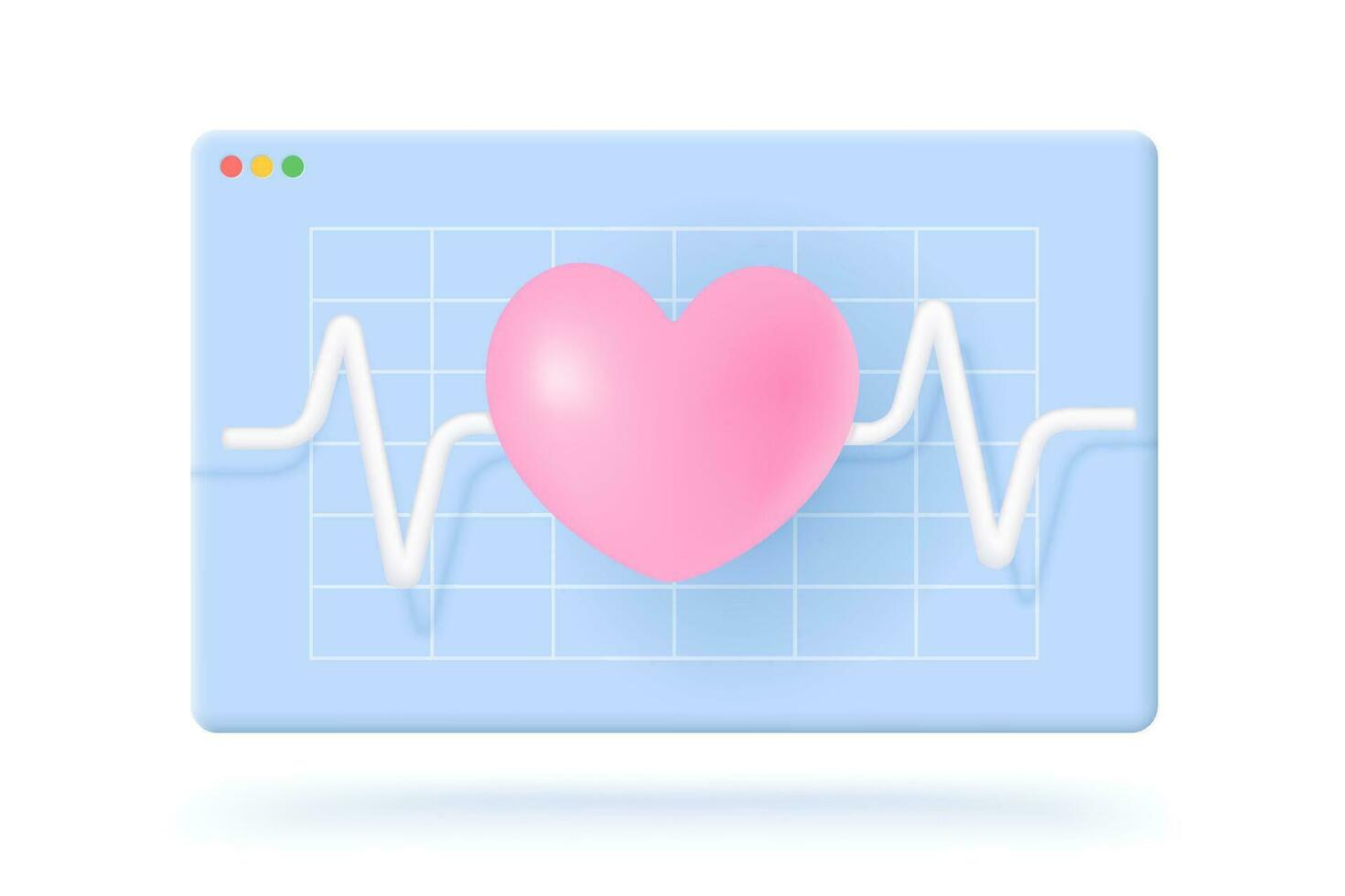 Vector icon of screen with heart and pulse in 3D style. Vector illustration of a pink heart for cardio training.